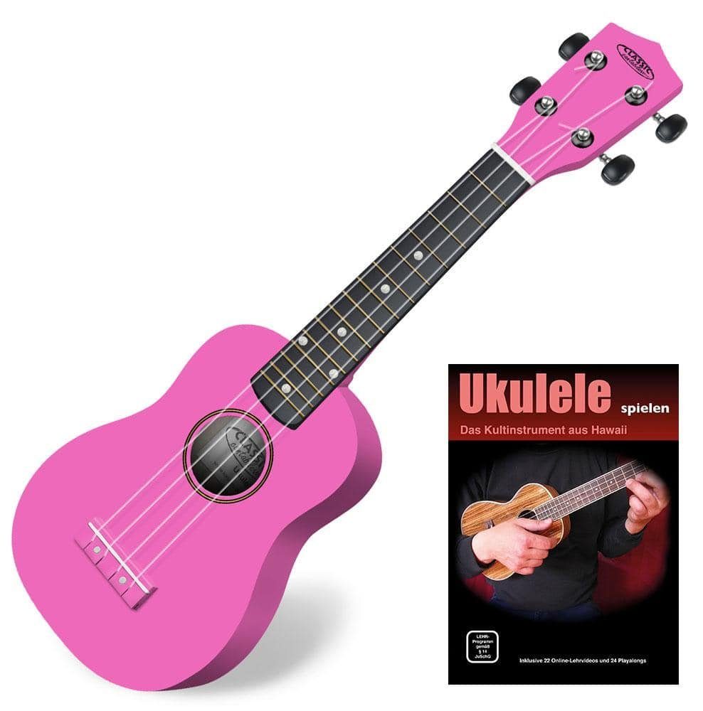 Classic Cantabile Ukulele Sopranukulele (Ukulele, Uke, 15 Bünde, leichtgängige Gitarrenmechanik), Spar-Set inklusive Ukulele-Schule