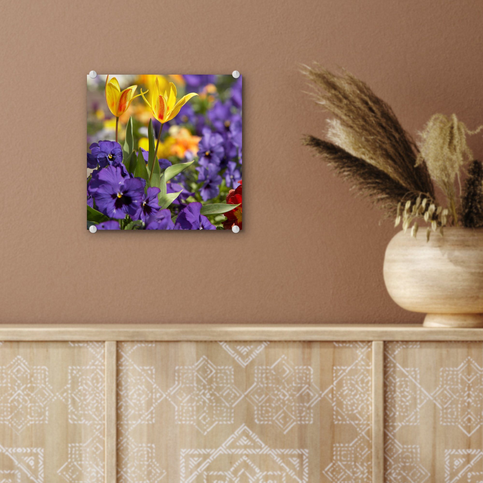 - Farben, - Glas Blumen Wandbild auf Glasbilder MuchoWow - auf - Foto St), Wanddekoration Glas Acrylglasbild - (1 Bilder Frühling