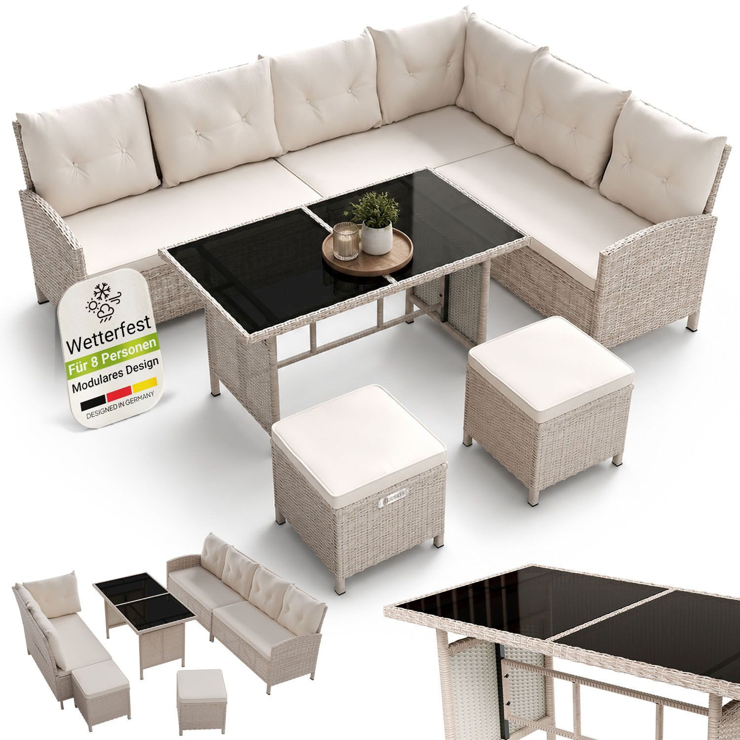 Juskys Gartenlounge-Set Manacor, (Gartenlounge), Polyrattan Gartenmöbel-Set mit Garten-Sofa, Garten-Tisch und 2 Hocker
