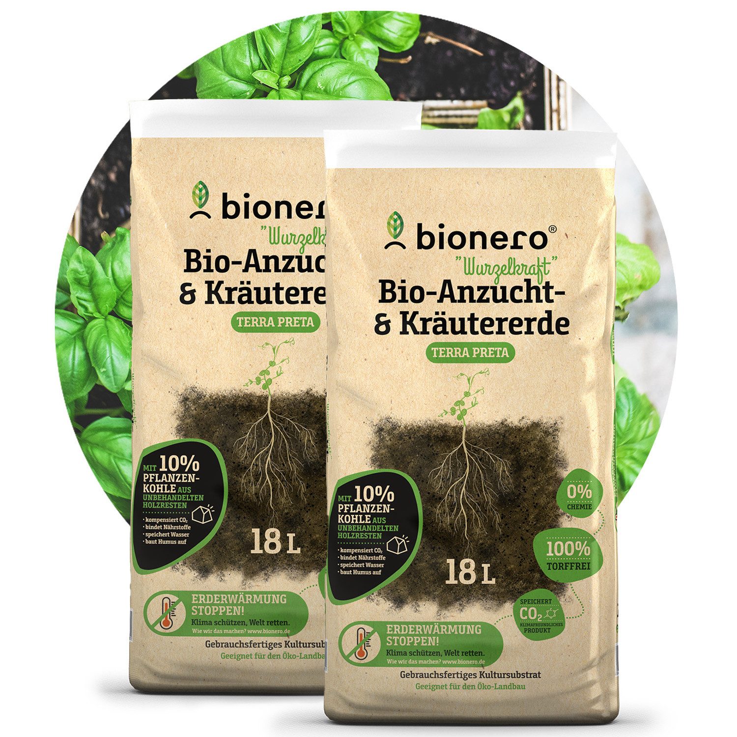 bionero TERRA PRETA Bio-Erde Anzucht & Kräutererde 2 x 18 L "Wurzelkraft" Bio Anzucht & Kräutererde, mit Schwarzerde, (Spar-Set, 1-St., 2 x 18 Liter), Hergestellt in Deutschland