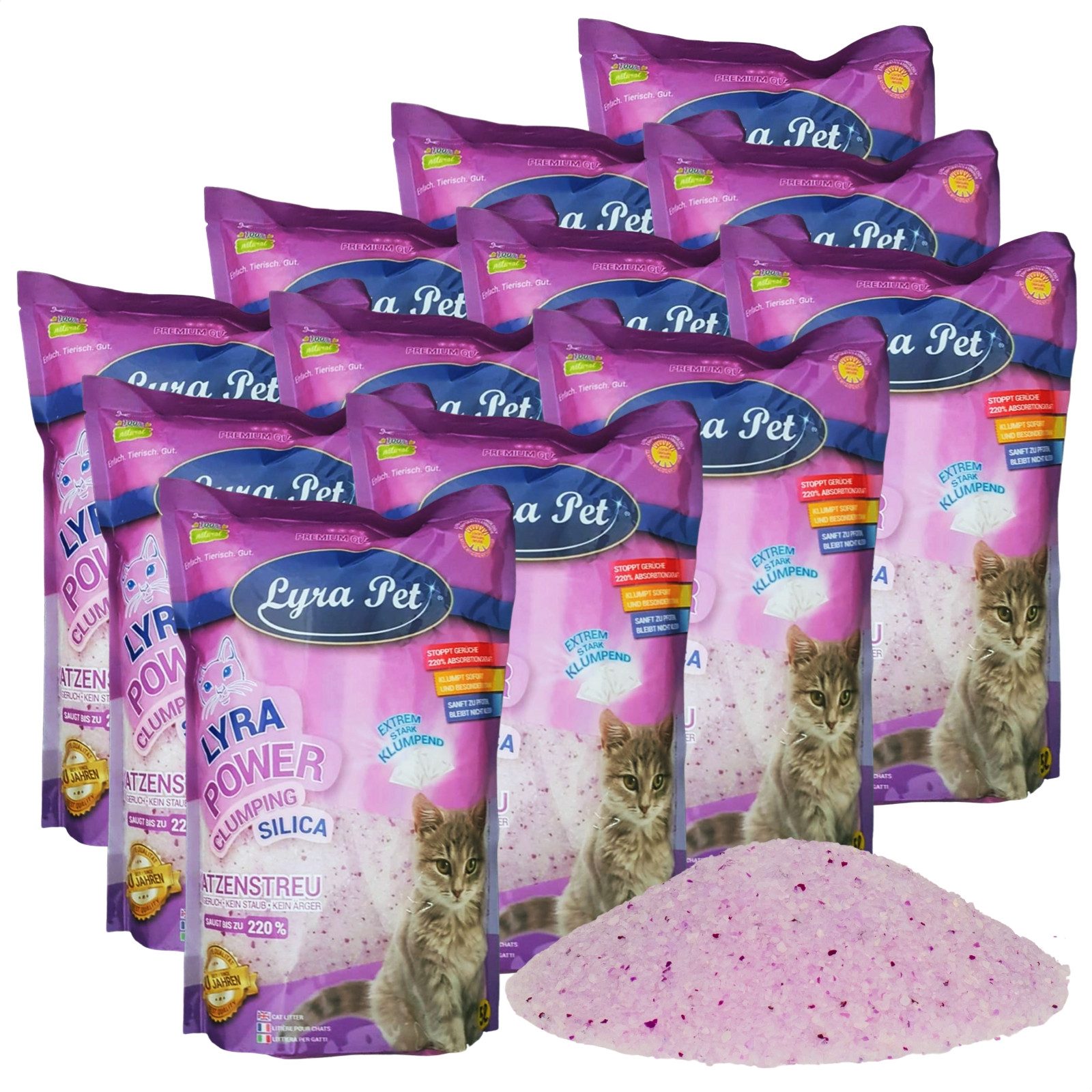 Lyra Pet Katzenstreu 12 x 5 Liter Lyra Pet® Lyra Power® Silica Silikat klumpend Katzenstreu, klumpend, staubfrei