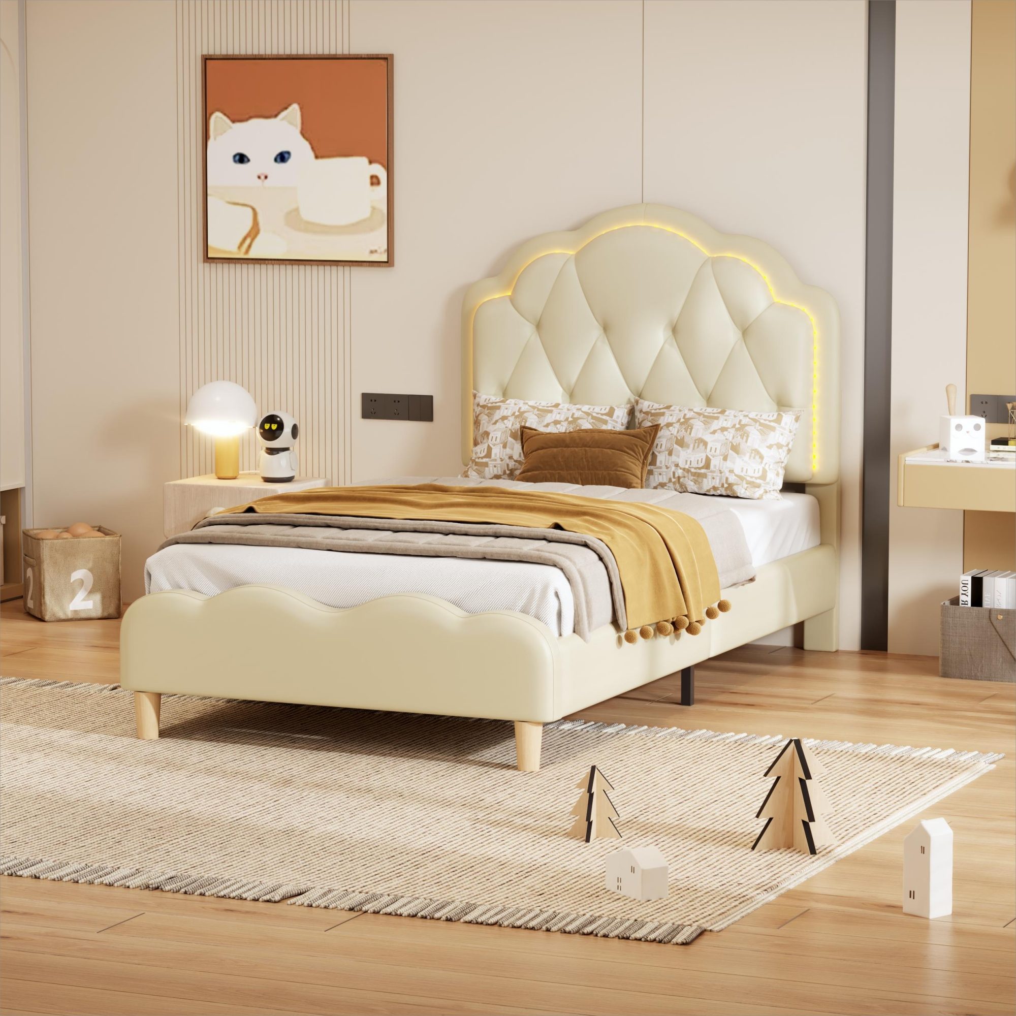 Flieks Polsterbett, LED Beleuchtung Kinderbett Einzelbett mit Wellenform Ko günstig online kaufen