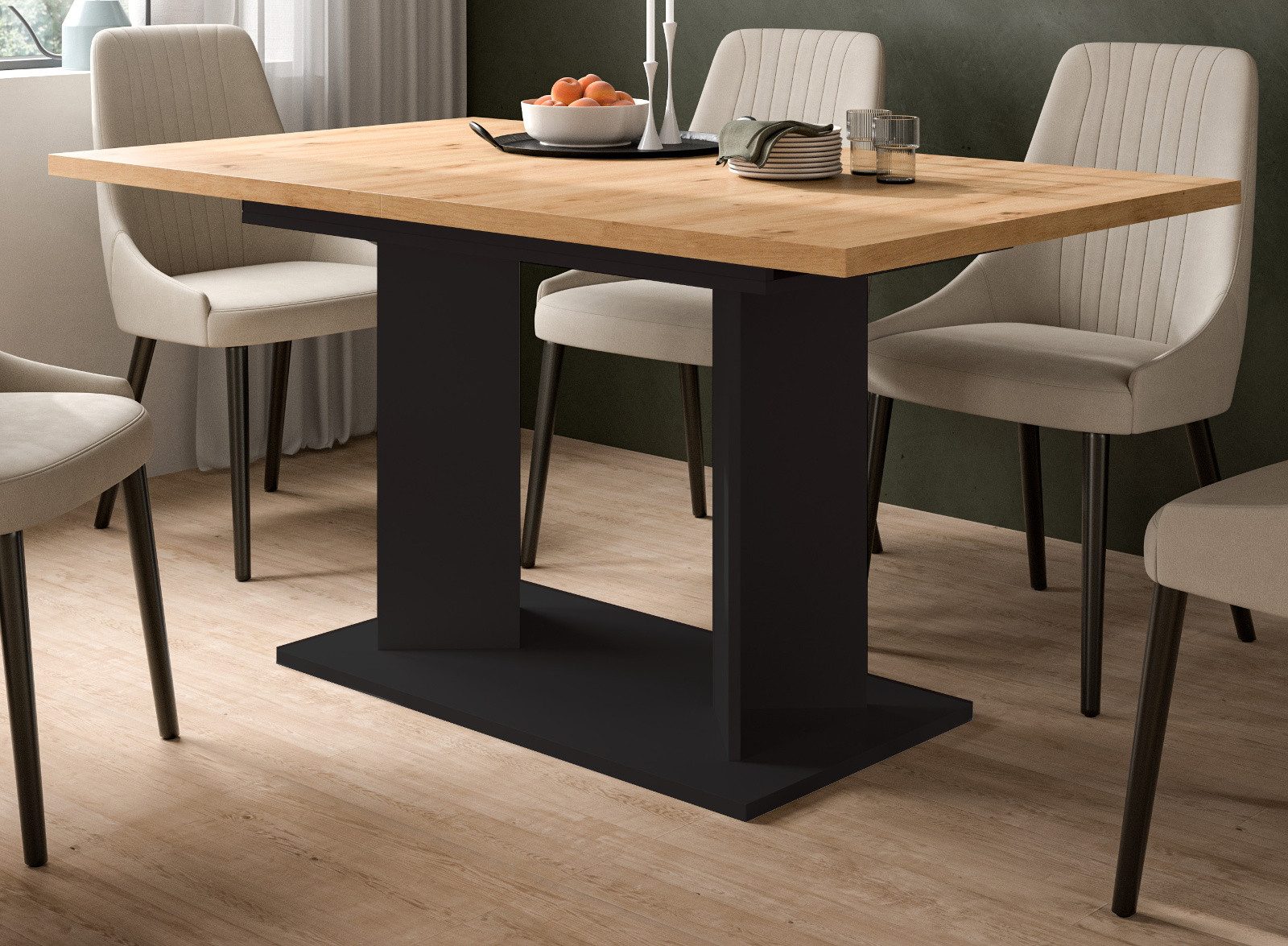 Inn.Furn Säulen-Esstisch Anton (Esszimmer Tisch in Eiche Artisan mit Schwarz, ausziehbar von 150 - 190 cm), für 2 bis 8 Personen