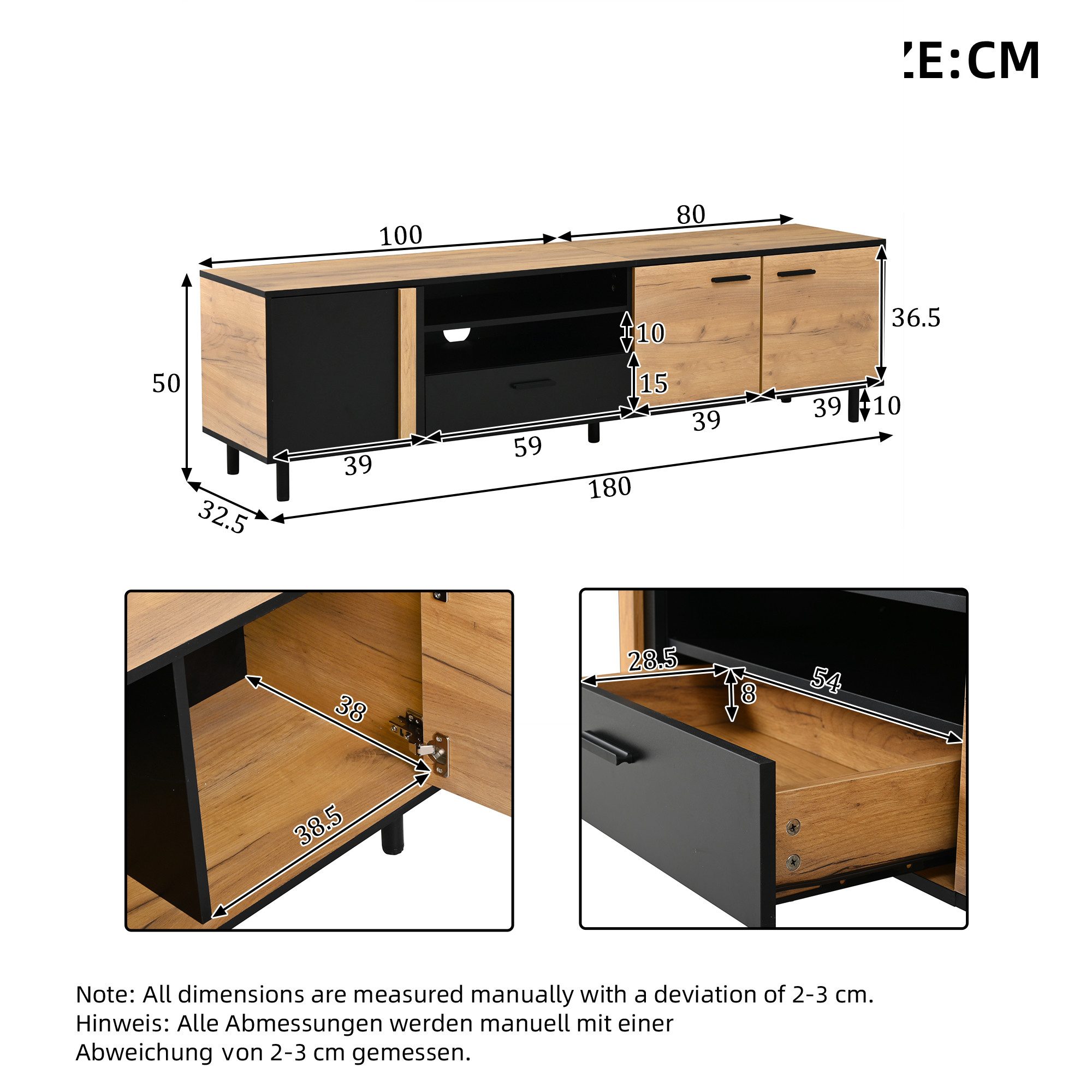 KLAM HOME Lowboard TV-Schrank mit 3 Schränken 1 Schublade 5 Stützbeinen (Holzoptik Schwarz Stauraum Wohnzimmer TV-Ständer), Lowboard TV-Konsole 180x32,5x50cm bi – Bild 3 von 5