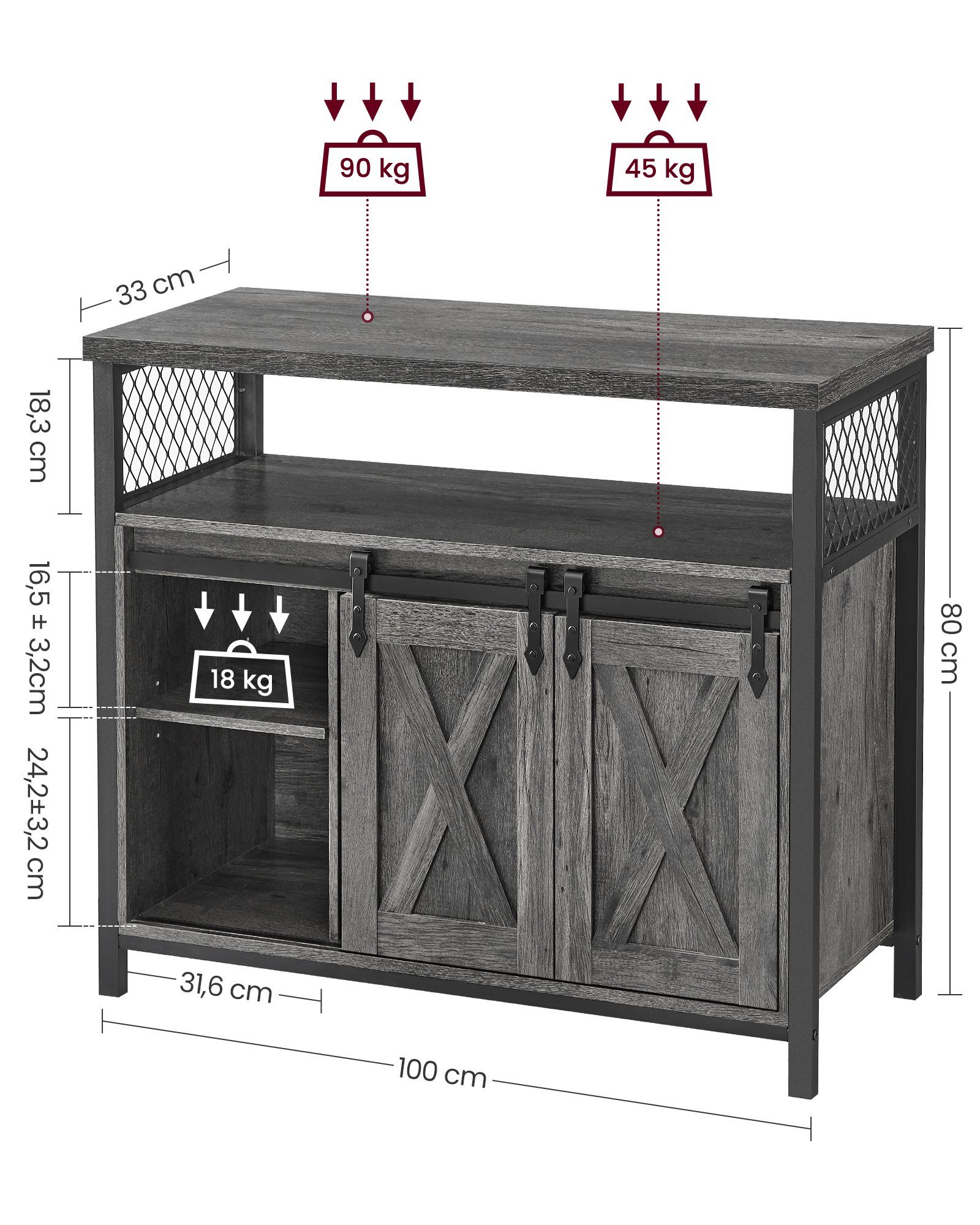 VASAGLE Sideboard Küchenschrank, verstellbare anthrazitgrau-schwarz Ablagen Schiebetüren, 2 mit