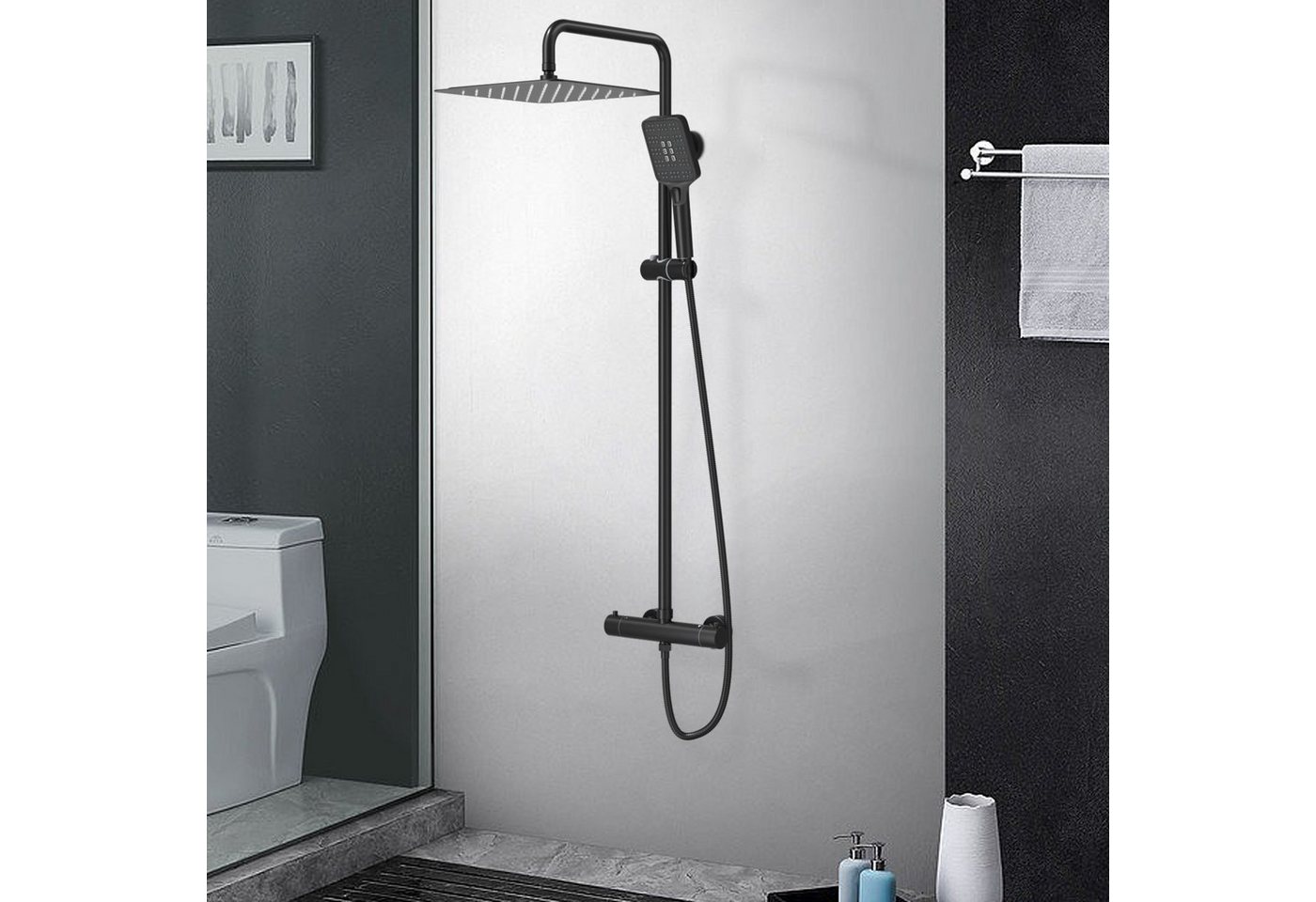 Thumbnail - Rainsworth Duschsystem mit Thermostat, 3 Strahlart(en), komplett-set, 92-126 cm Duschstangen Edelstahl Duschamaturenset ...