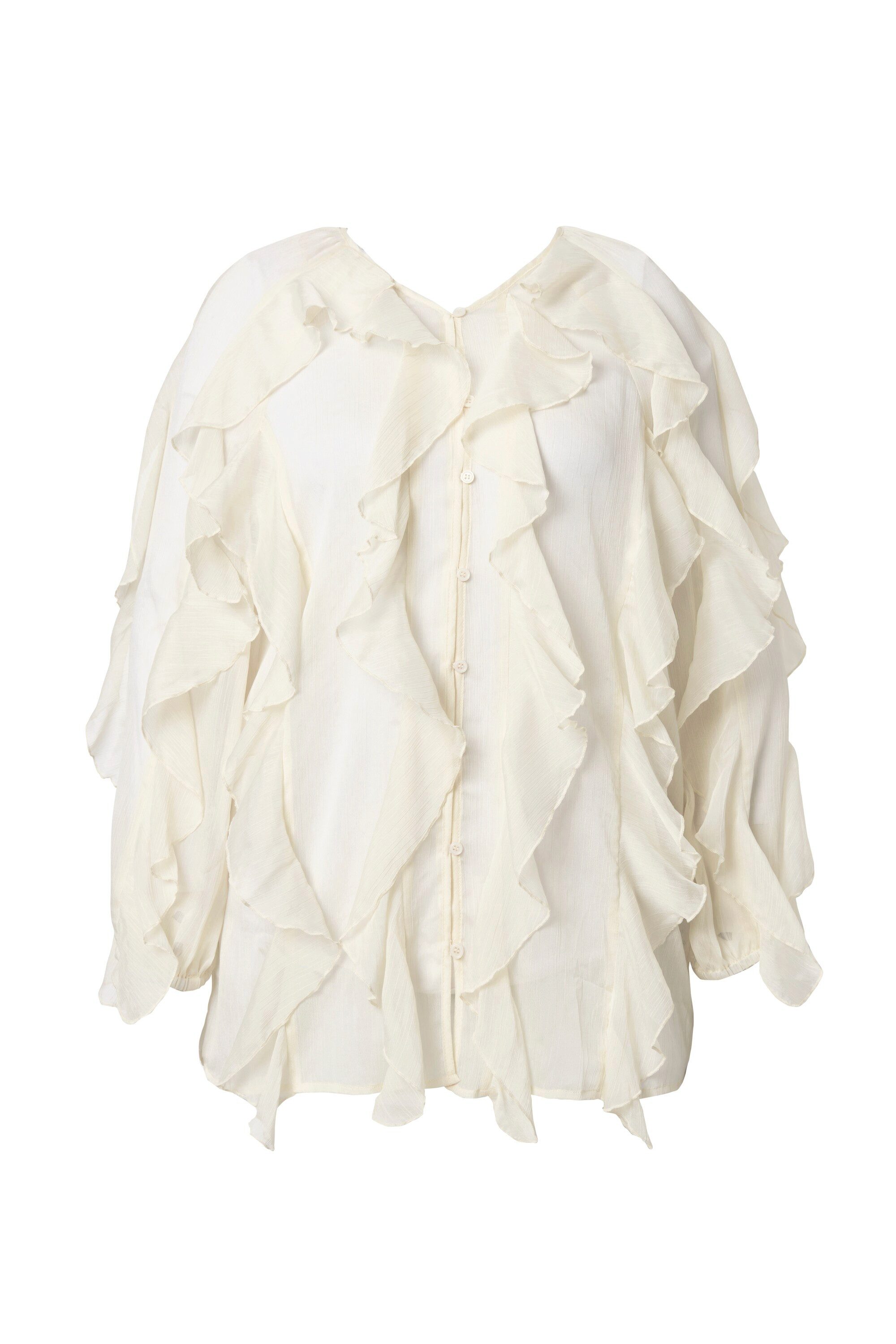 Ulla Popken Longbluse Bluse Volants A-Linie V-Ausschnitt Langarm