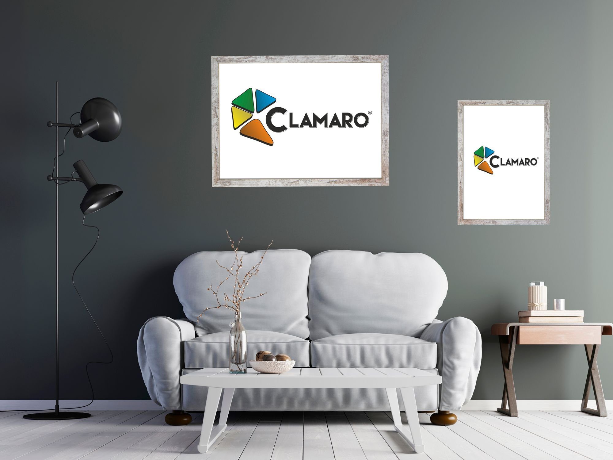 Moderner Aufhänger Clamaro und CLAMARO Rahmen handgefertigt Holz MDF eckiger Rückwand FSC® nach 'Collage' Bilderrahmen 44,5x68 Maß vintage weiss Acrylglas, in Bilderrahmen inkl.