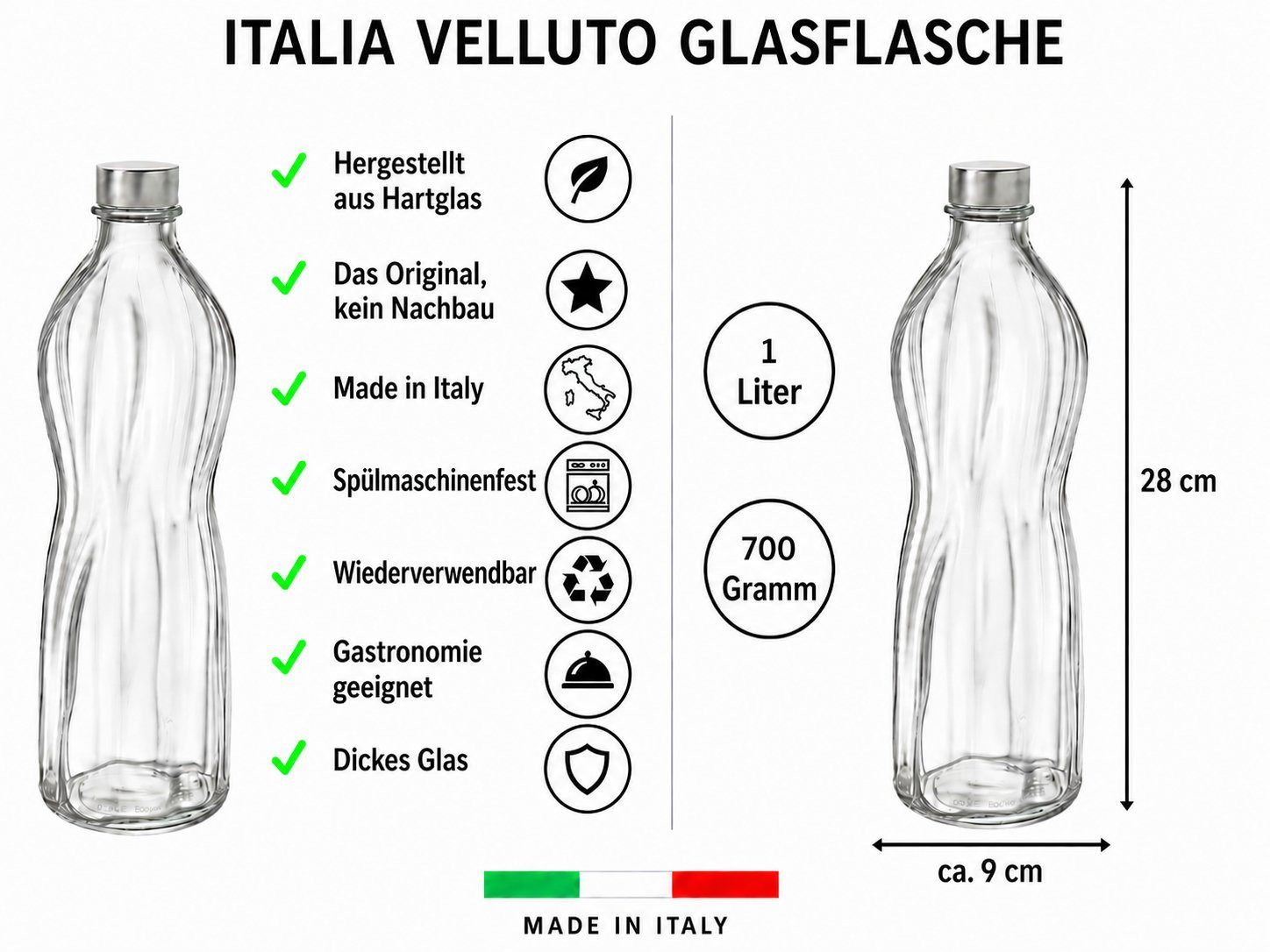 WestCraft Trinkflasche Bormioli Aqua Flasche 1L Weiß 1 Liter 1x Glasflasche, Spülmaschinenfest, Glas, Edelstahl, kratzfest, Bormioli Qualitätsglas
