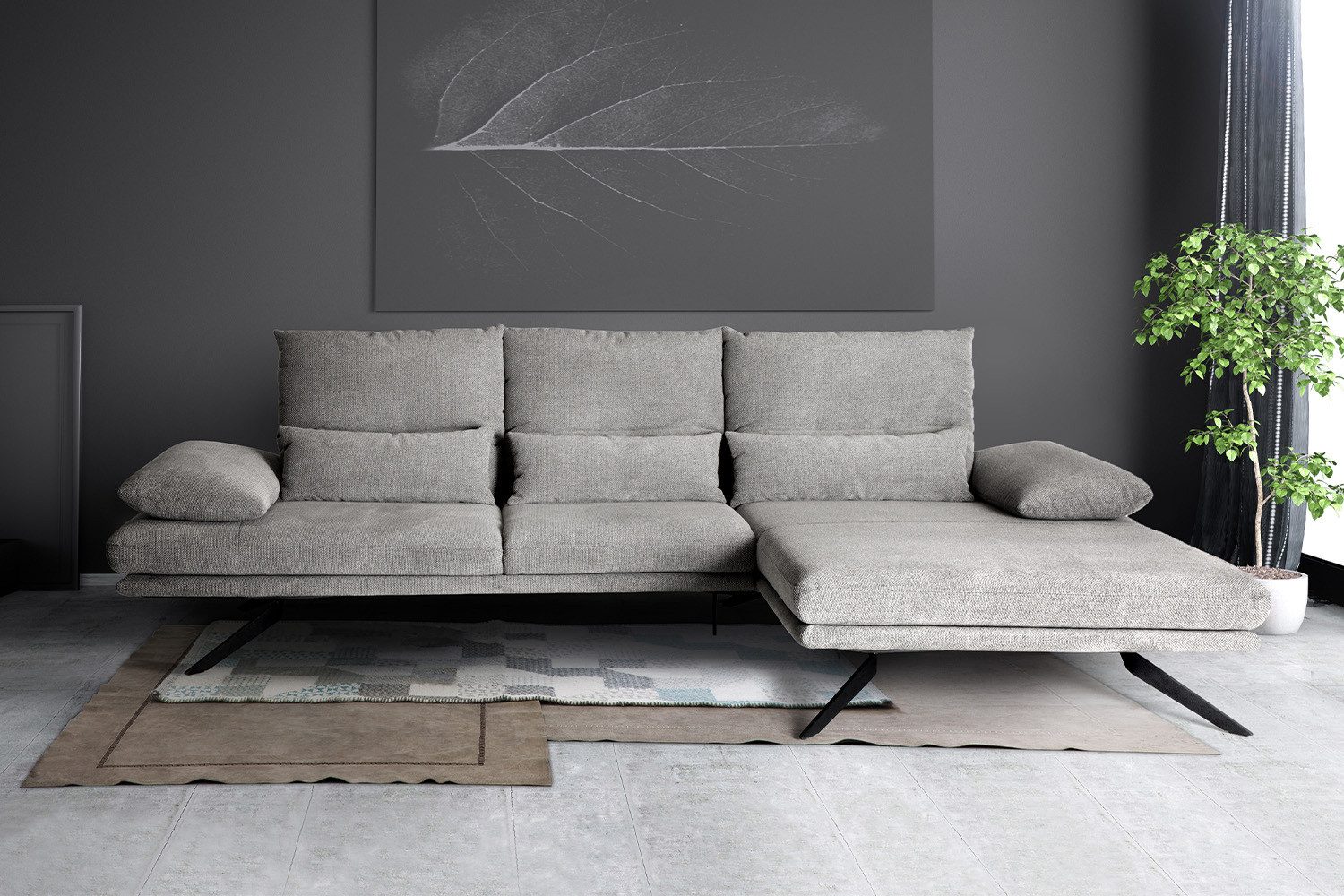 KAWOLA Ecksofa FENICE, Couch L-Form rechts oder links Stoff hellgrau 297x168 cm