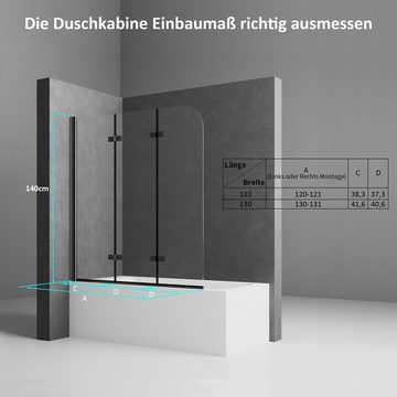 Boromal Badewannenaufsatz Schwarz 3 teilig faltbar Duschwand für Badewanne beideseitig Nano ESG, Alu-Wandprofil, 120x140cm, 130x140cm, (Badewannenfaltwand, 130x140cm,120x140cm), mit Hebe-/Senkfunktion, Rechts-und Links montierbar