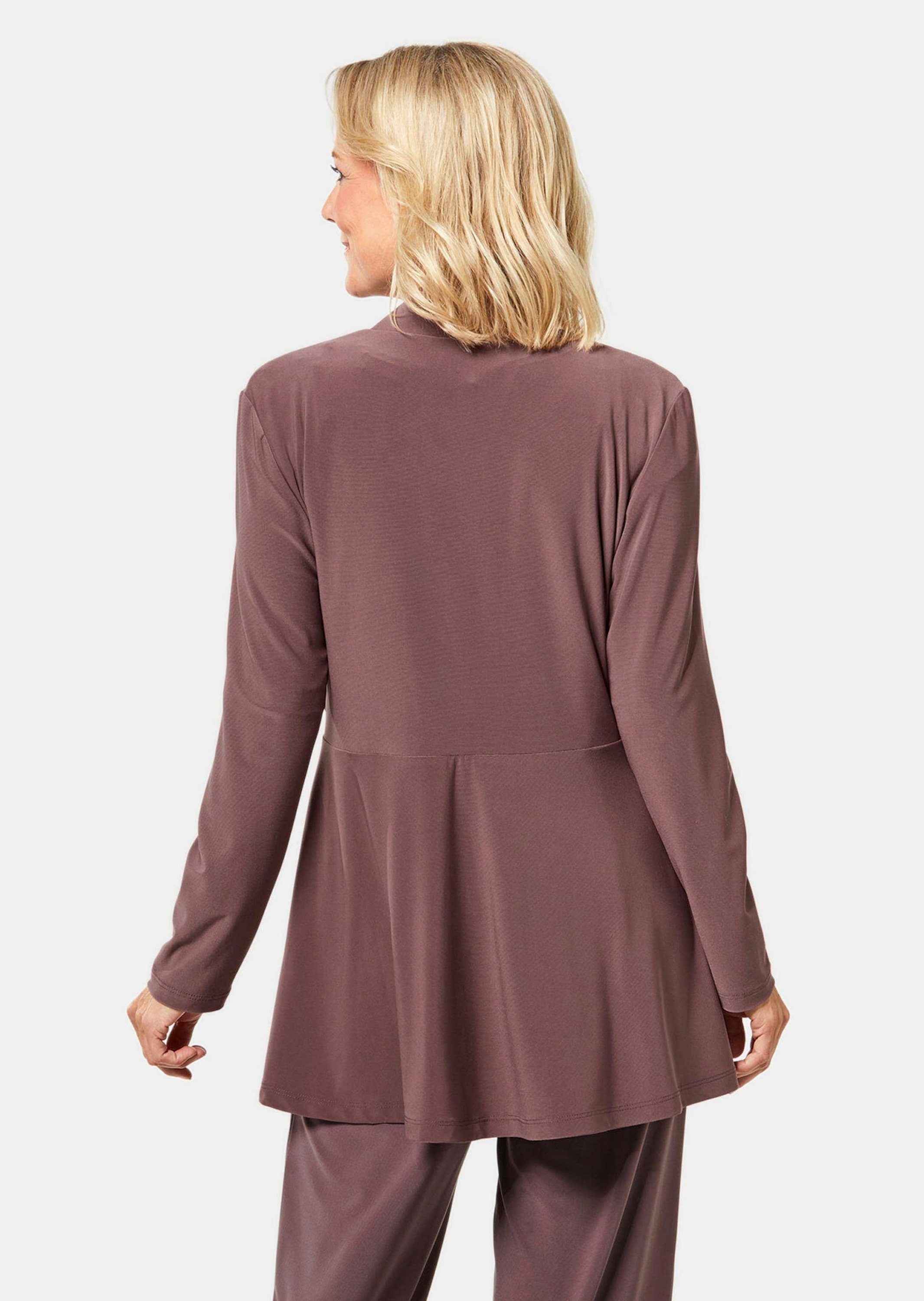 GOLDNER Shirtjacke Leichte Shirtjacke lila mit Stretch Damen Indoorjacke Uni, Shirtjacke, kaschierend, elegant, Schalkragen