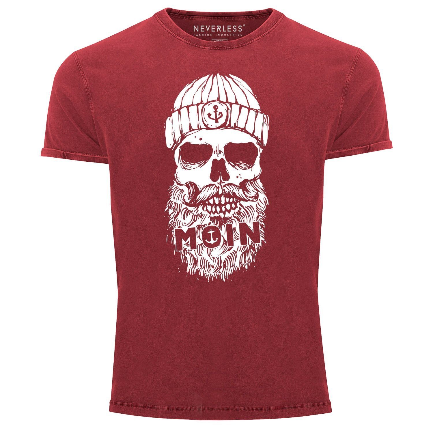Used Totenkopf Moin Herren Vintage Neverless Slim Skull Fit Shirt Print-Shirt T-Shirt Aufdruck Neverless® Print Printshirt Look rot mit Anker