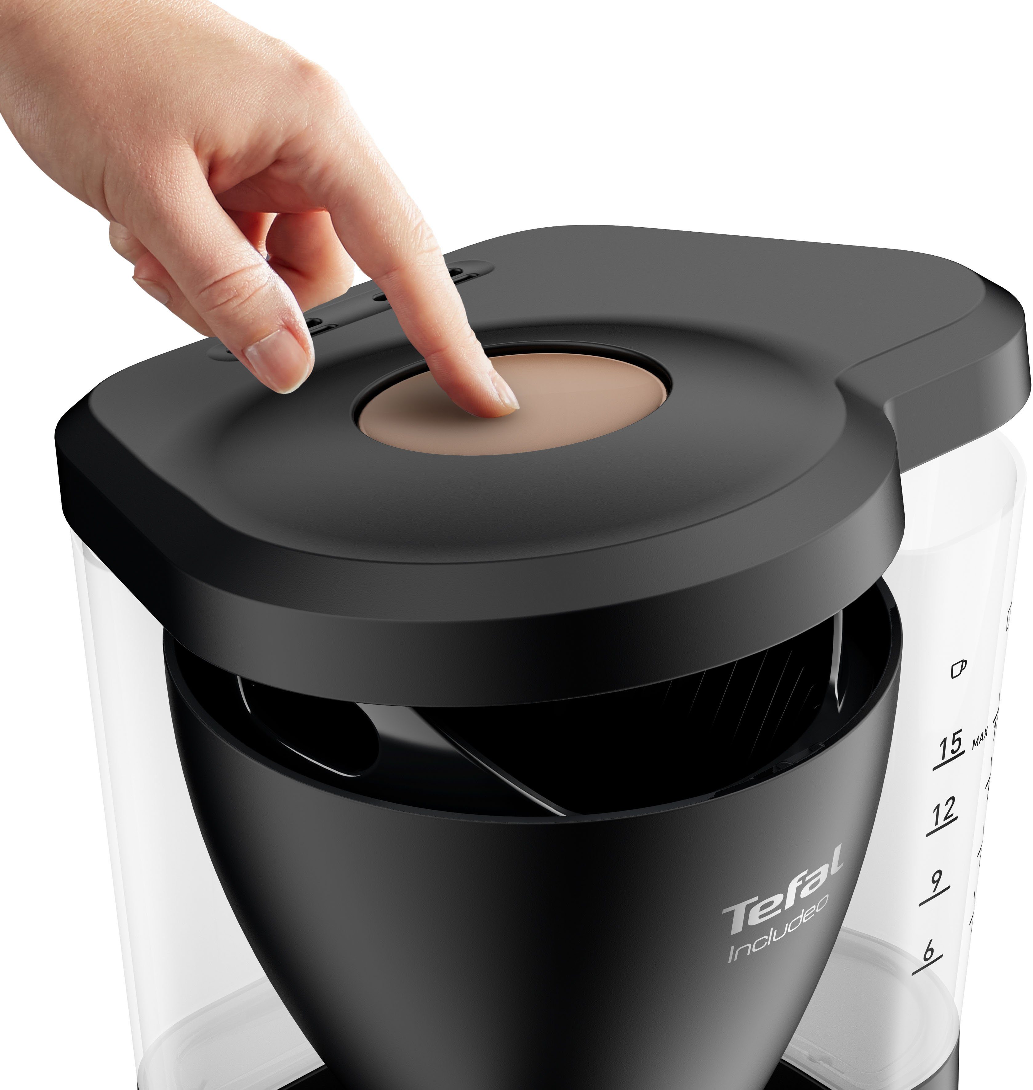 Tefal Filterkaffeemaschine Kaffeekanne, Filtereinsatz Incluedo, - 15 L, 10 Tassen, CM5338 1,25l Griffen mit herausnehmbarer 1,25 zwei