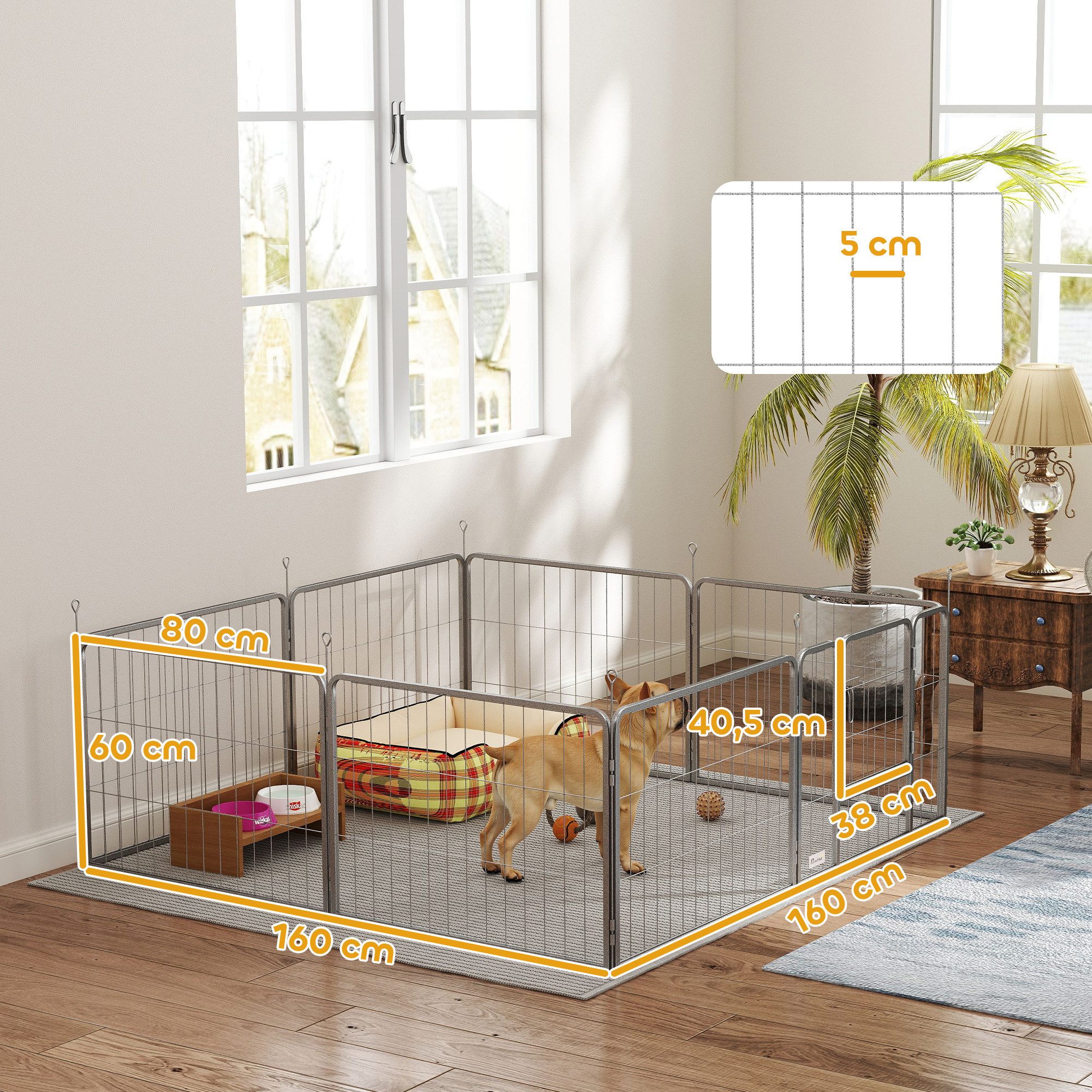 PawHut Freigehege Welpenlaufstall 8-TLG mit 8 Gitterplatten Tür flexibel Laufgitter, Welpenlaufstall mit Gurt und Tür, Stahl, Silber