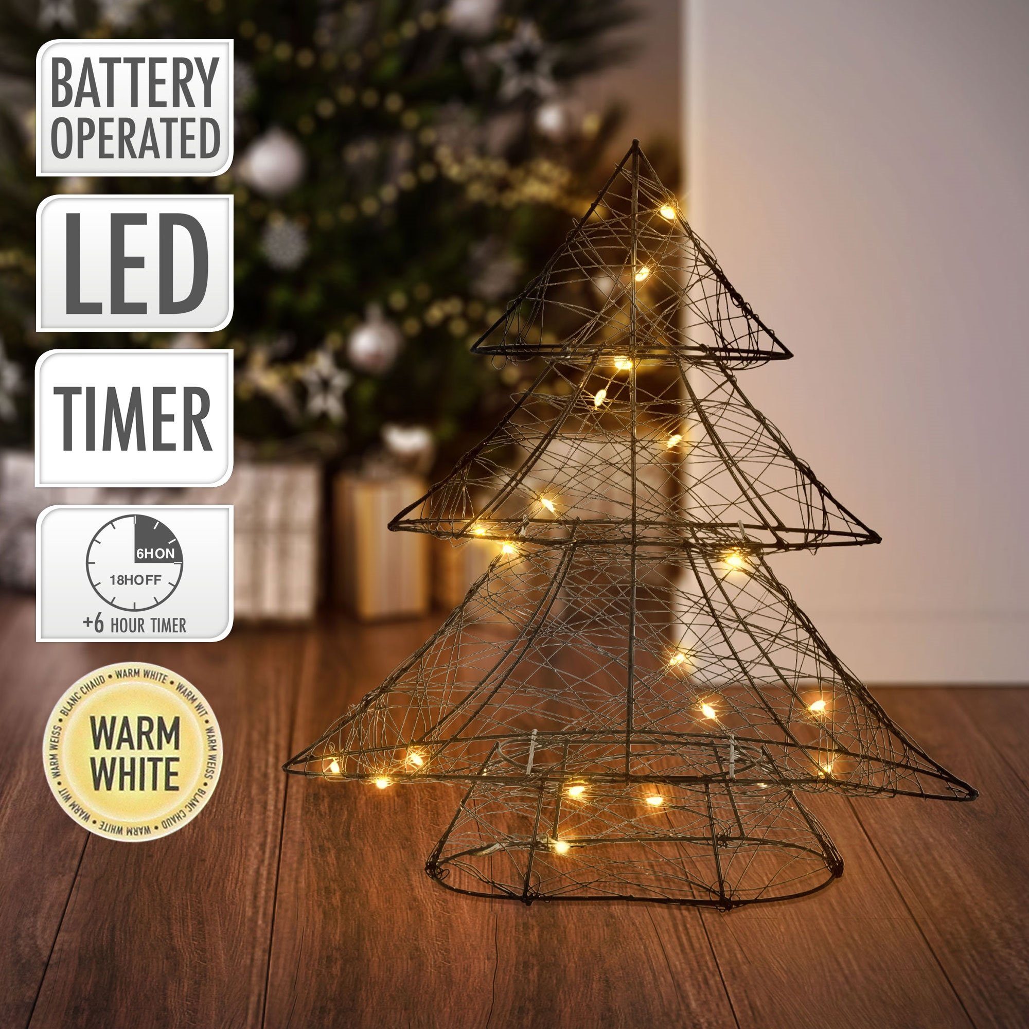 ECD Germany Künstlicher Weihnachtsbaum LED Deko Baum Weihnachten mit 20  warmweißen LEDs, 30 cm hoch, Metall, Schwarz, Weihnachtsbaum mit Beleuchtung  & Timer