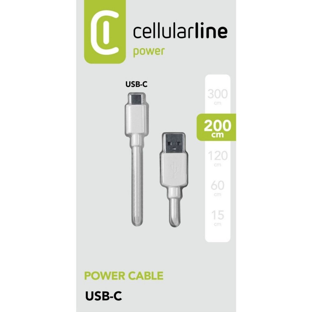 Cellularline USB C Ladekabel 2m weiß für Lade- und Datenübertragung. Elektro-Adapter USB Type-C zu Datenkabel, Ladekabel