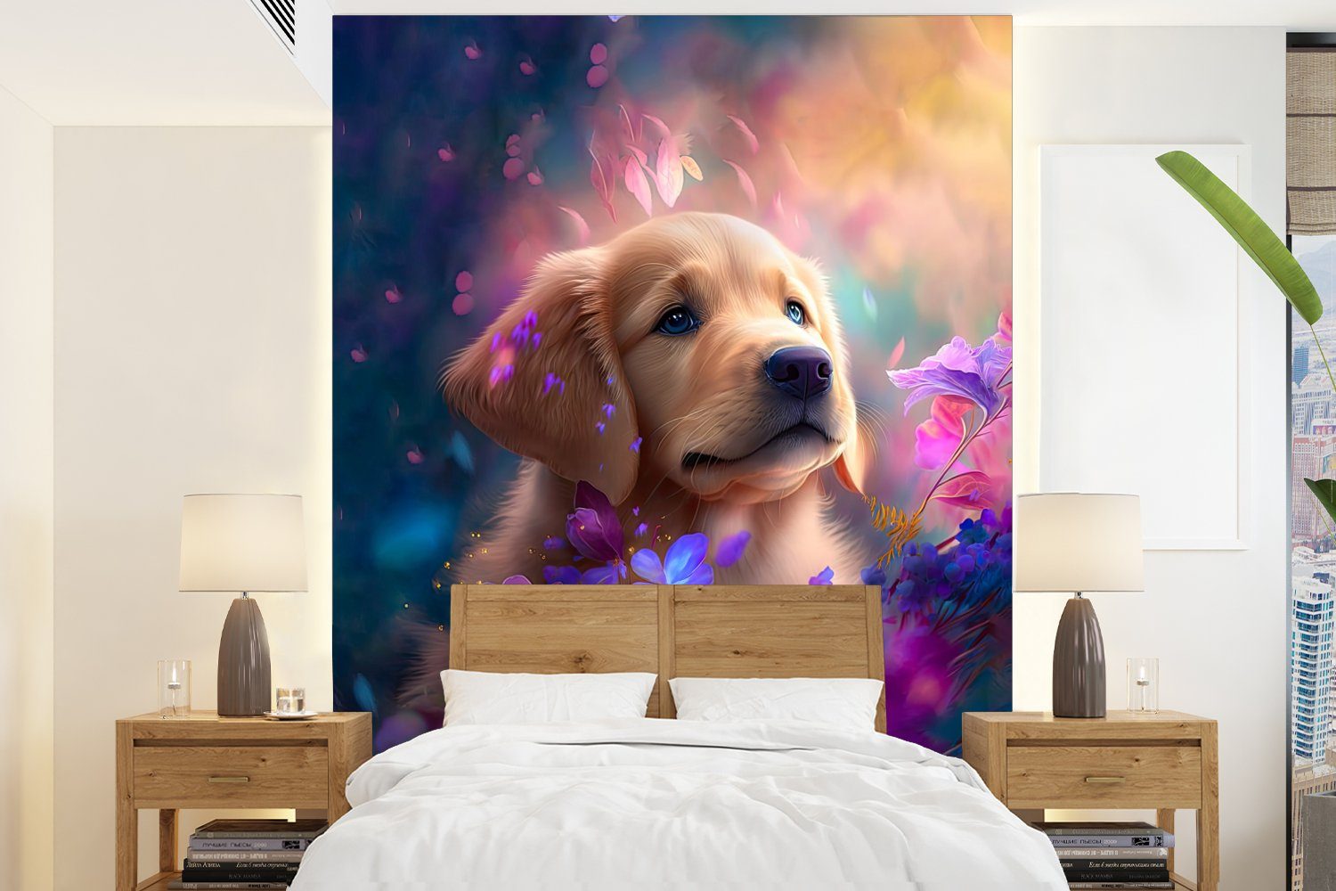 MuchoWow Fototapete Hund - Welpe - Sonne - Blumen - Golden Retriever, Matt, bedruckt, (4 St), Montagefertig Vinyl Tapete für Wohnzimmer, Wandtapete