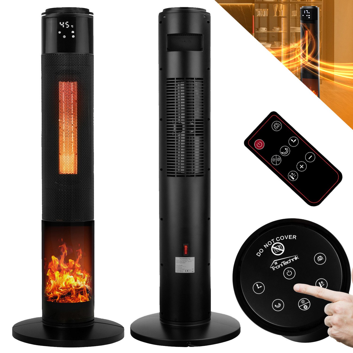 TroniTechnik Heizstrahler Turmheizer,Keramikelement,Heizgerät,Oszillation simulierten Flammen, 2000 W, zwei Heizstufen, Überhitzungsschutz und Abschaltautomatik, Thermostat