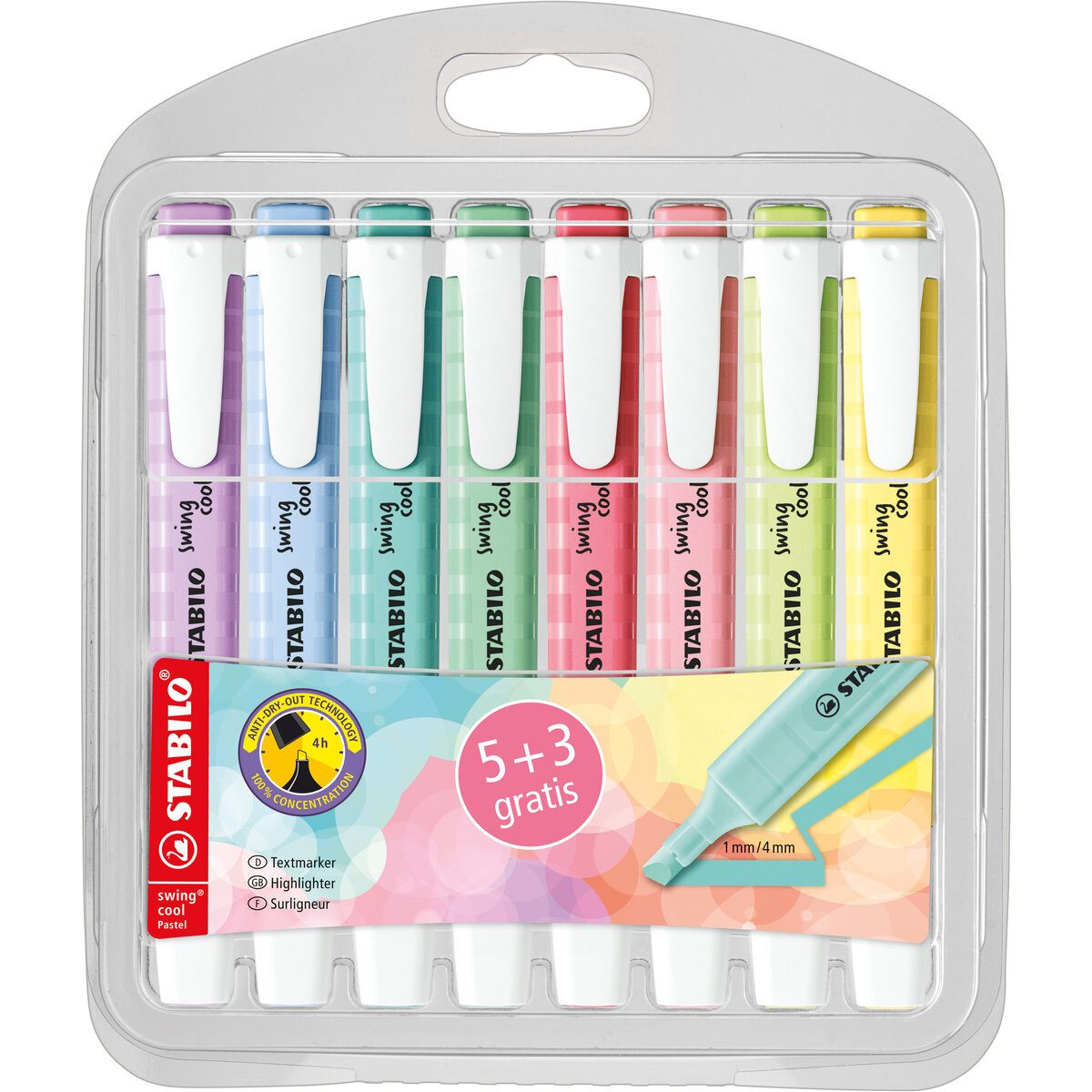 STABILO Marker Textmarker swing cool Pastel Etui 8 Stück/8 Farben 5+3