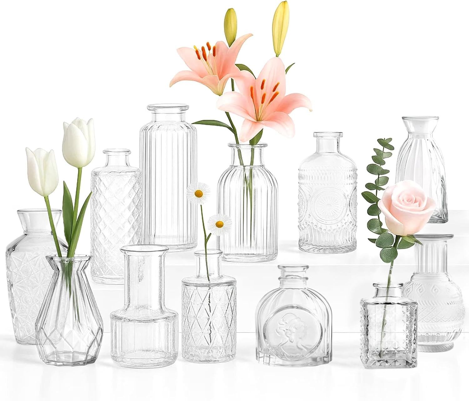 Youyijia Tischvase Glasvase 12er-Set – Kleine Vintage Vasen mit Diamantschliff