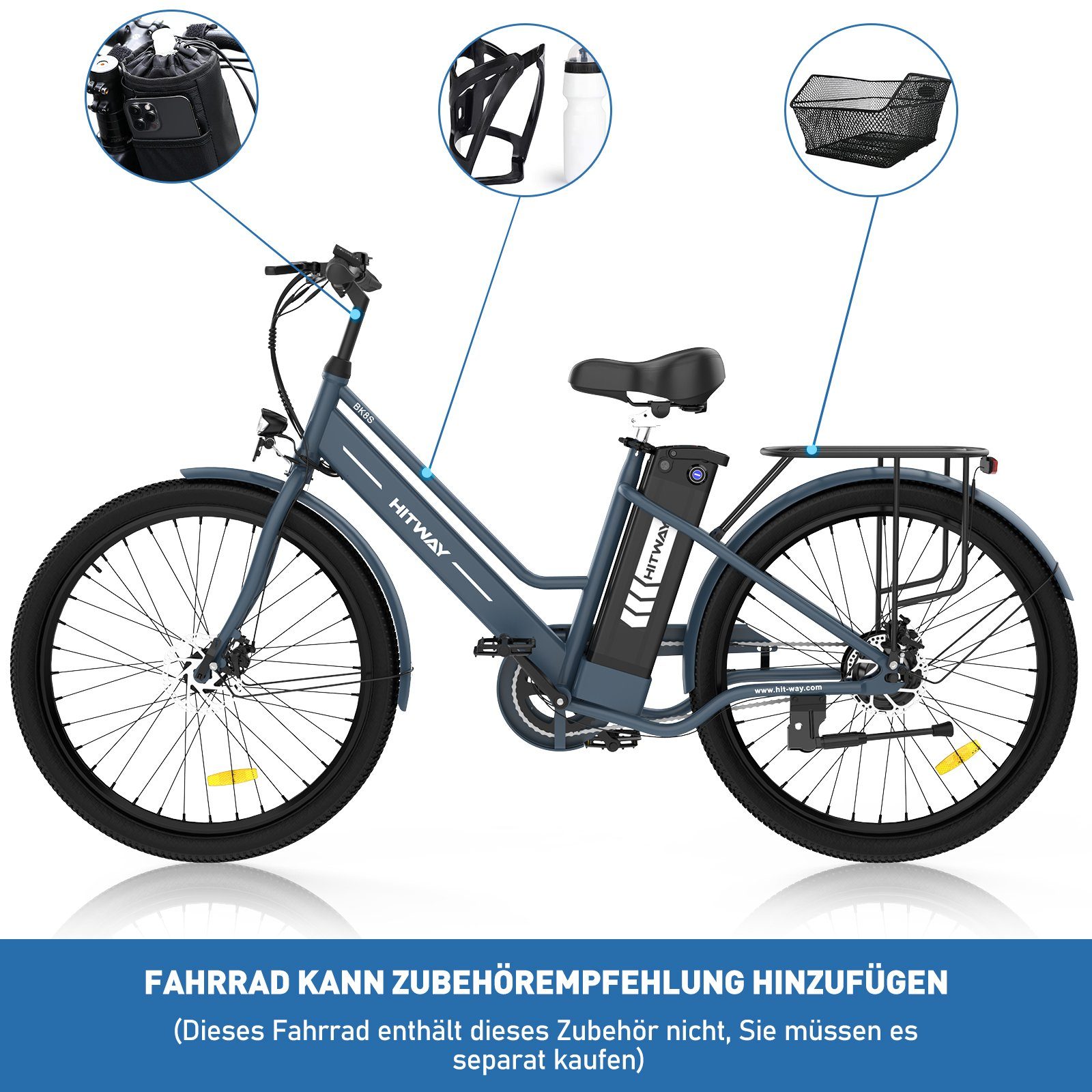 Damen 36V E-Fahrrad Batterieladegerät/ Heckmotor, 25km/h,35-70KM, E-Bike Pumpe/Fahrradschloss 26 Herren 8.4AH HITWAY Zoll für blau-StvZO