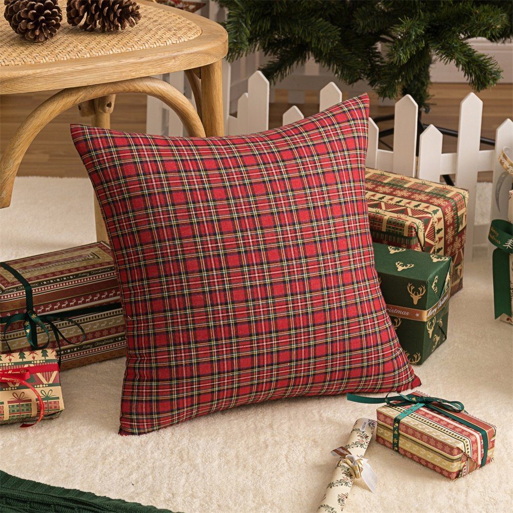 Kissenbezug Weihnachten Tartan Plaid, 45x45cm, für Bett Sofa Esszimmer Dekoration, Rosnek (4 Stück)