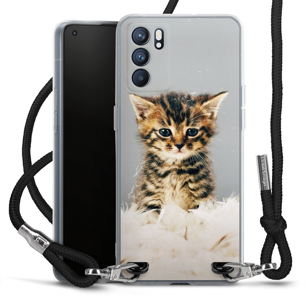 DeinDesign Handyhülle Katze Haustier Feder Kitty, Oppo Reno 6 5G Handykette Hülle mit Band Case zum Umhängen