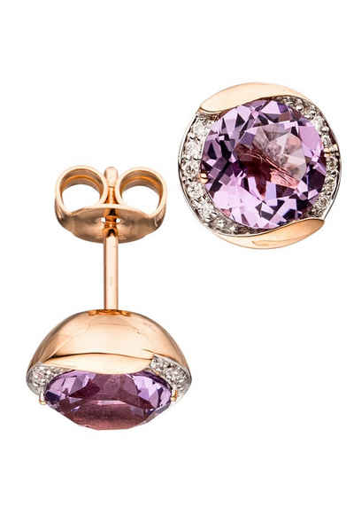 JOBO Paar Ohrstecker Ohrringe mit Amethyst und 20 Diamanten, rund 585 Roségold