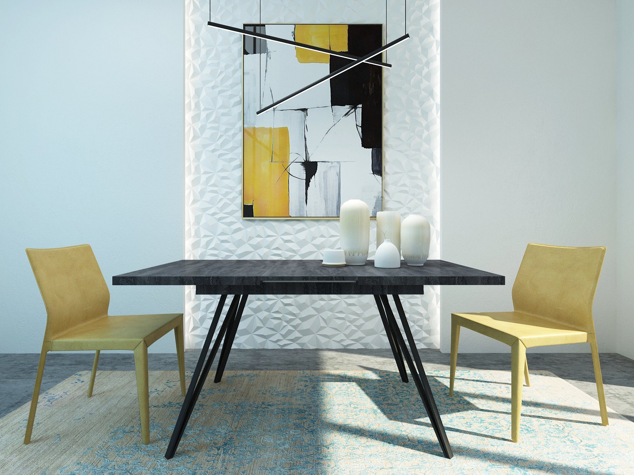 Möbelcenter Löhne Esstisch LIFE 120-160x80 cm/ Metallfüße/ Tischplatte Weiß/ Beton/ Eiche/Schwarz Marmoroptik schwarz