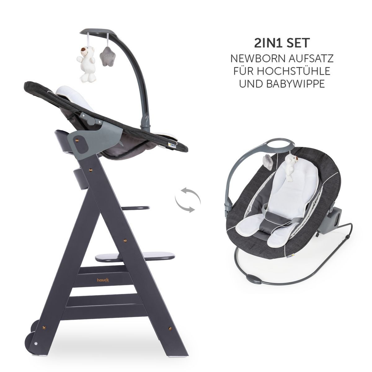 Hauck Hochstuhl Beta Plus Dark Grey - Newborn Set Deluxe, Holz Babystuhl ab Geburt, Aufsatz für Neugeborene, Sitzkissen, Tisch