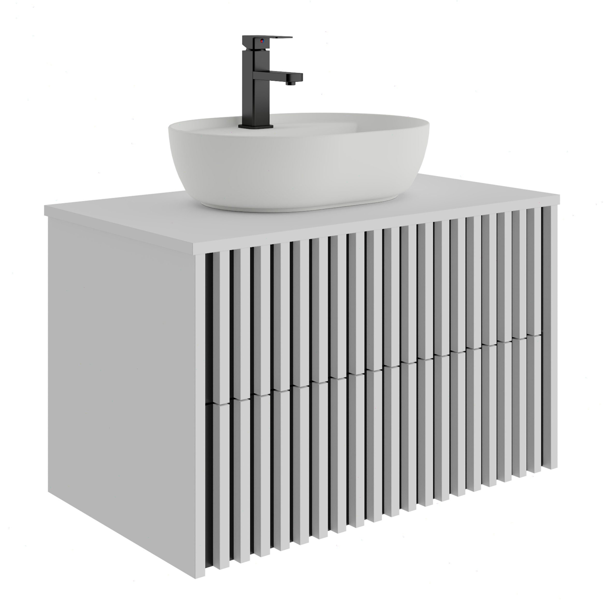UEV Waschtisch mit Unterschrank hängend Ovales Keramikwaschbecken (Komplett-Set Badmöbel, Badezimmmer Schrank, mit Wasserhahn und Pop-up-Ablassventil Aufsatz-Waschbecken), Soft-close Schubladen,Waschbeckenunterschrank mit 2 Schubladen