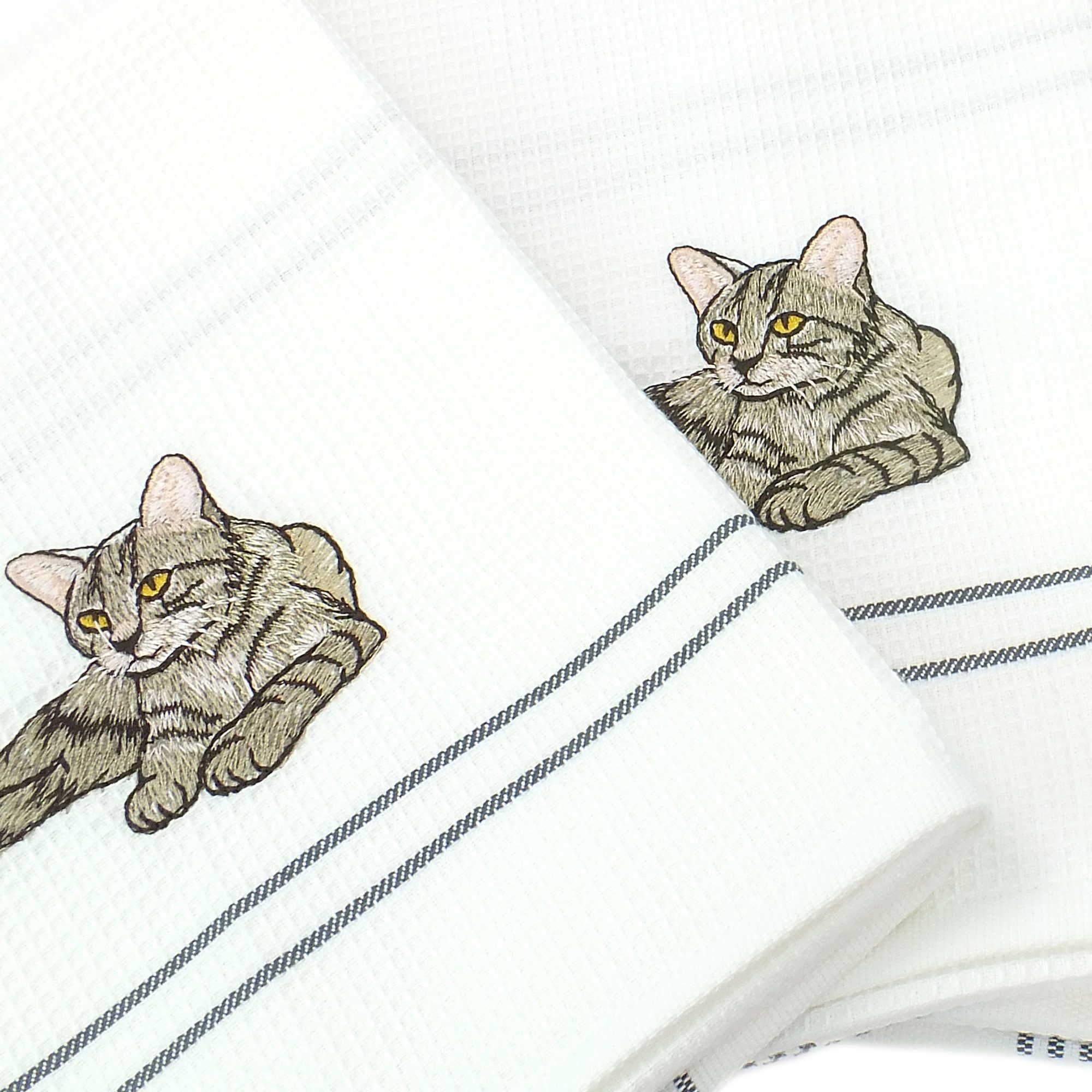 Waffelpique 2-tlg), Katze Home ca.50x70cm Pack Geschirrtuch Lasa Baumwolle (Set, Geschirrtücher Stickerei 2er Embroideries,