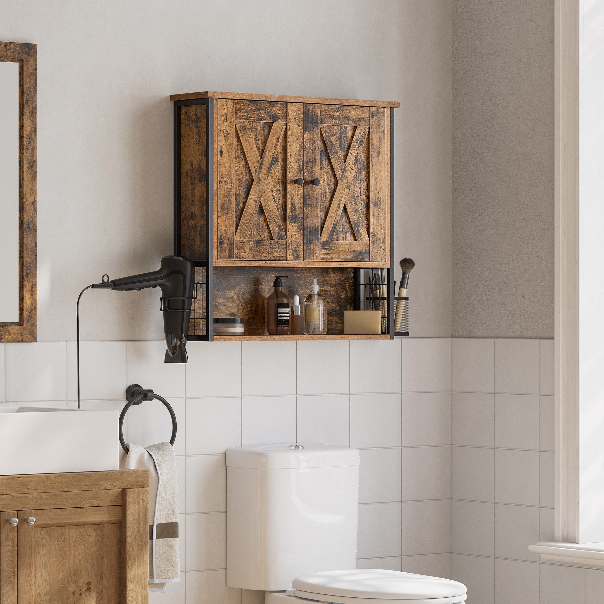 VASAGLE Hängeschrank Badezimmerschrank, Badschrank, Wandschrank, Aufbewahrungsschrank verstellbare Einlegeböden, mit Haartrocknerhalter, 60 x 16 x 60 cm