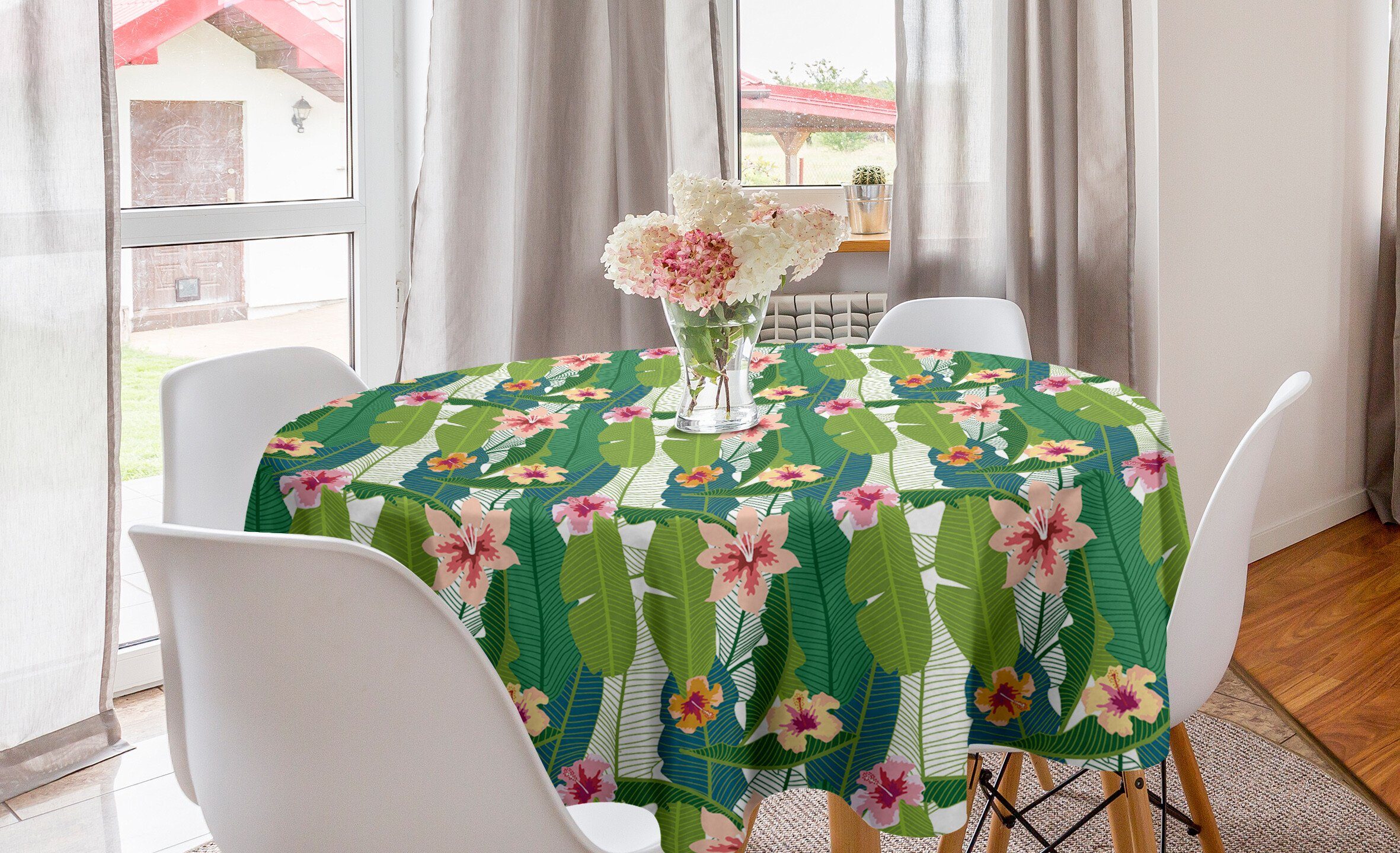 Abakuhaus Tischdecke Kreis Tischdecke Abdeckung für Esszimmer Küche Dekoration, Aloha Banana Leaves Hawaii