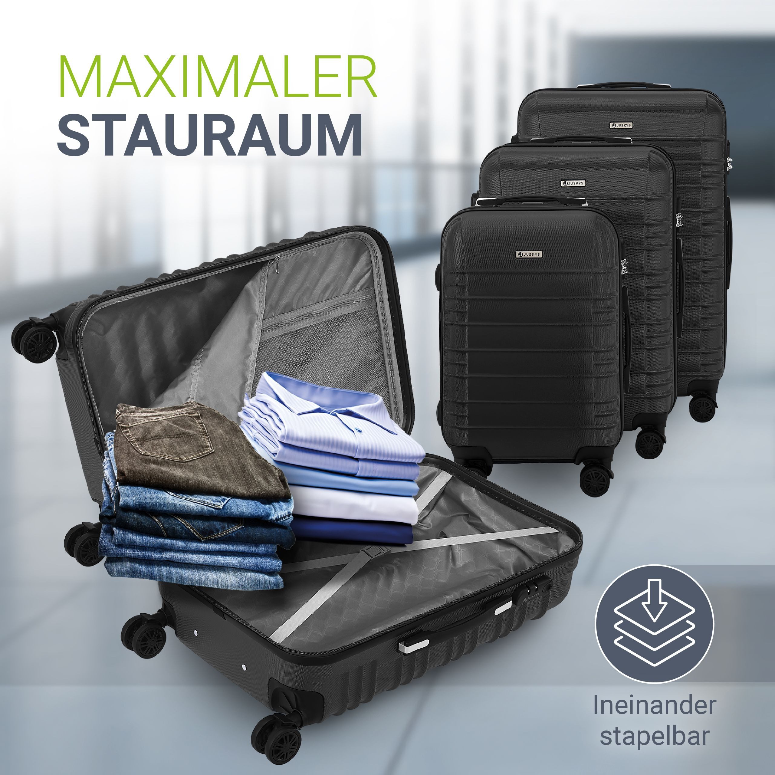 Juskys Trolleyset Rom, 4 Rollen, (3 tlg., 3-teilig), Aluminium, Rollen, Innenfutter, Ergonomische Griffe, 3er Set