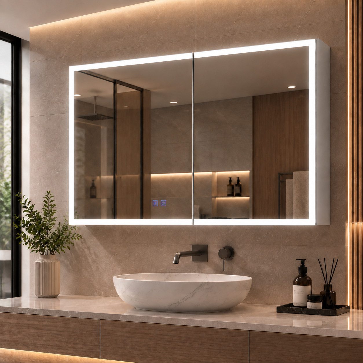 Gunuss Badezimmerspiegelschrank mit Beleuchtung 80 x 60 cm, Spiegelschrank mit Touch, 2 Türen (Hängeschrank mit LED Beleuchtung, 80 Länge x 60 Höhe x 14,5 Breite cm) Badezimmer Medizin Kabinett mit Defog, Stufenloses Dimmen, Steckdosen