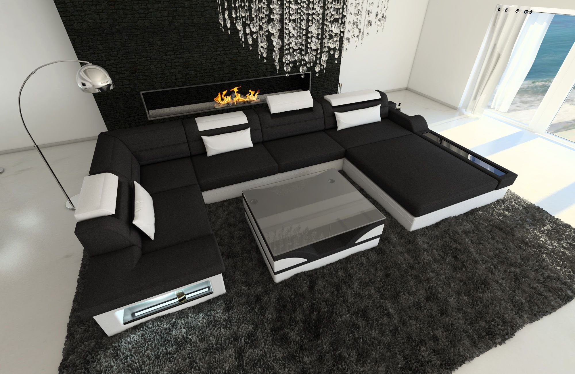 Sofa Dreams Wohnlandschaft Mezzo Stoffsofa, mit Designersofa Couch wahlweise Stoff als Bettfunktion Schlafsofa, U mit Schwarz-Weiss Sofa Form LED, C33