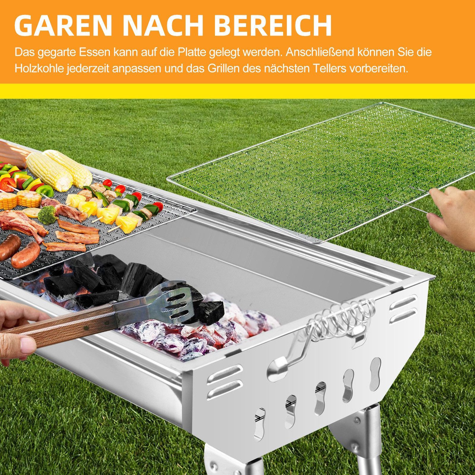 SunJas Holzkohlegrill CA-12 Edelstahl Holzkohlegrill mit Praktische Seitenablagen, BBQ Grill,Standgrill,compinggrill, Größe:110*33.5*71.5cm, Tragbarer Klappgril – Bild 5 von 5