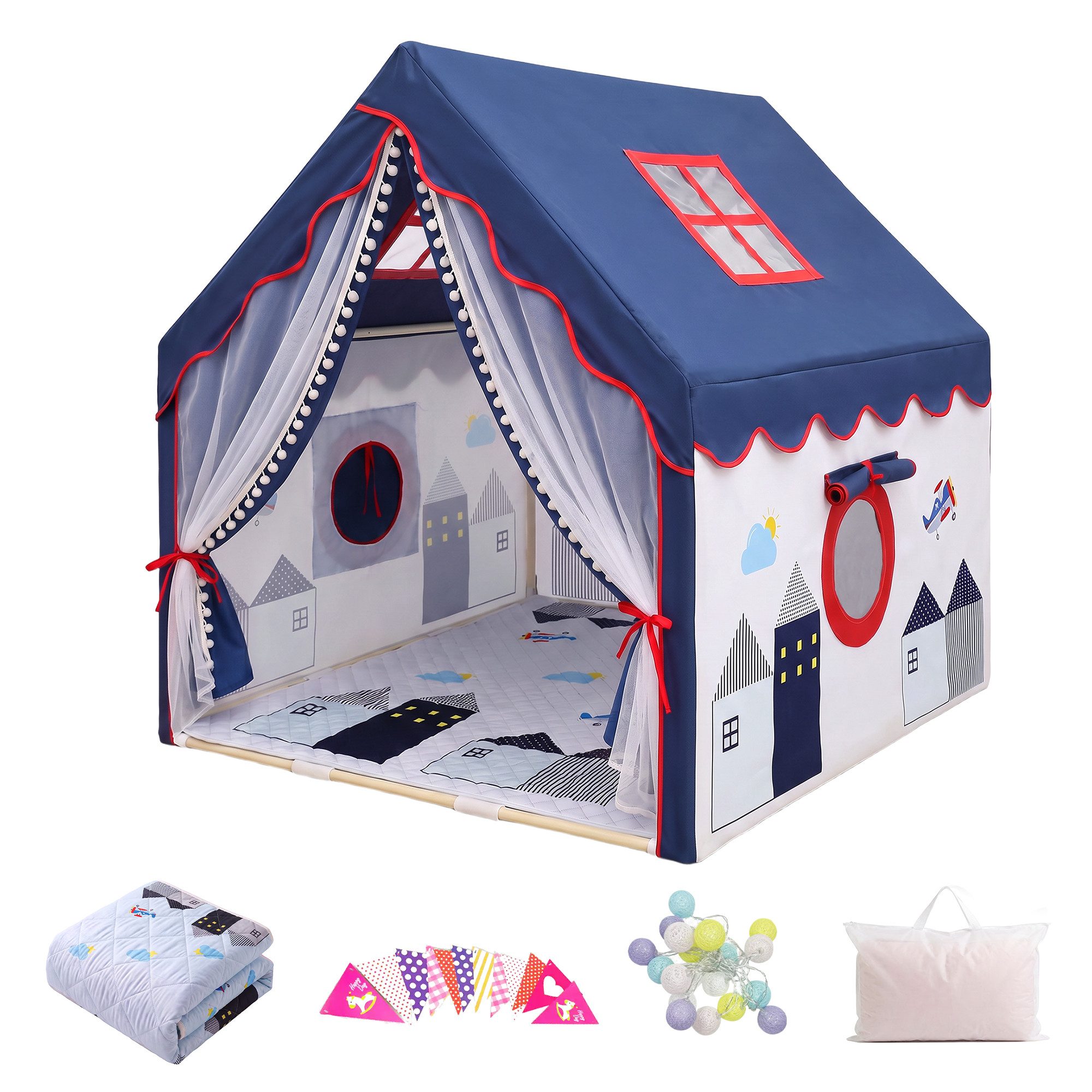 SEHAUSEU Spielzelt Kinderzelt Spielhaus mit Bodenmatte, Lichterkette und Wimpelkette