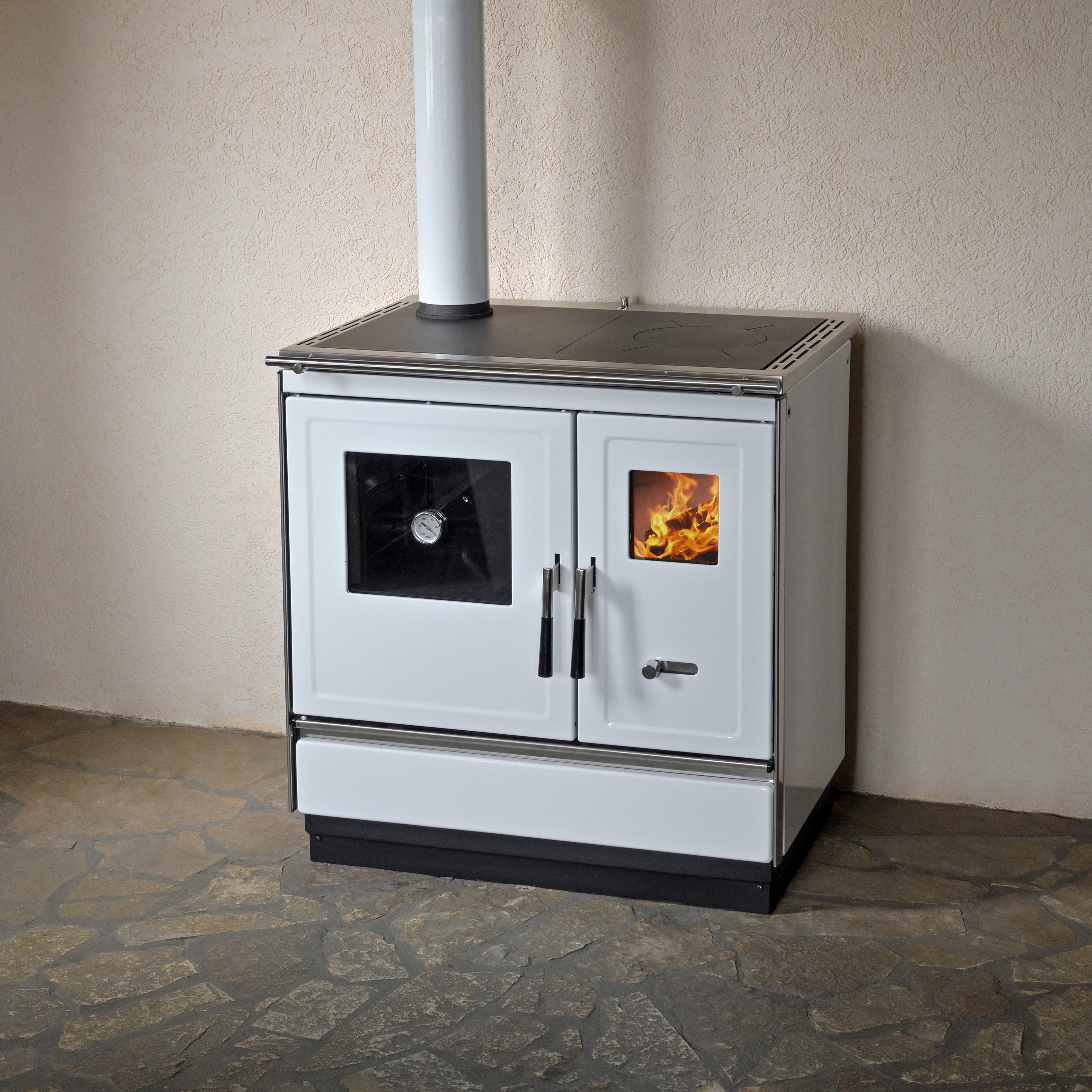 Haas + Sohn Festbrennstoffherd HERD HSH 81 weiß, links, Stahlkochplatte