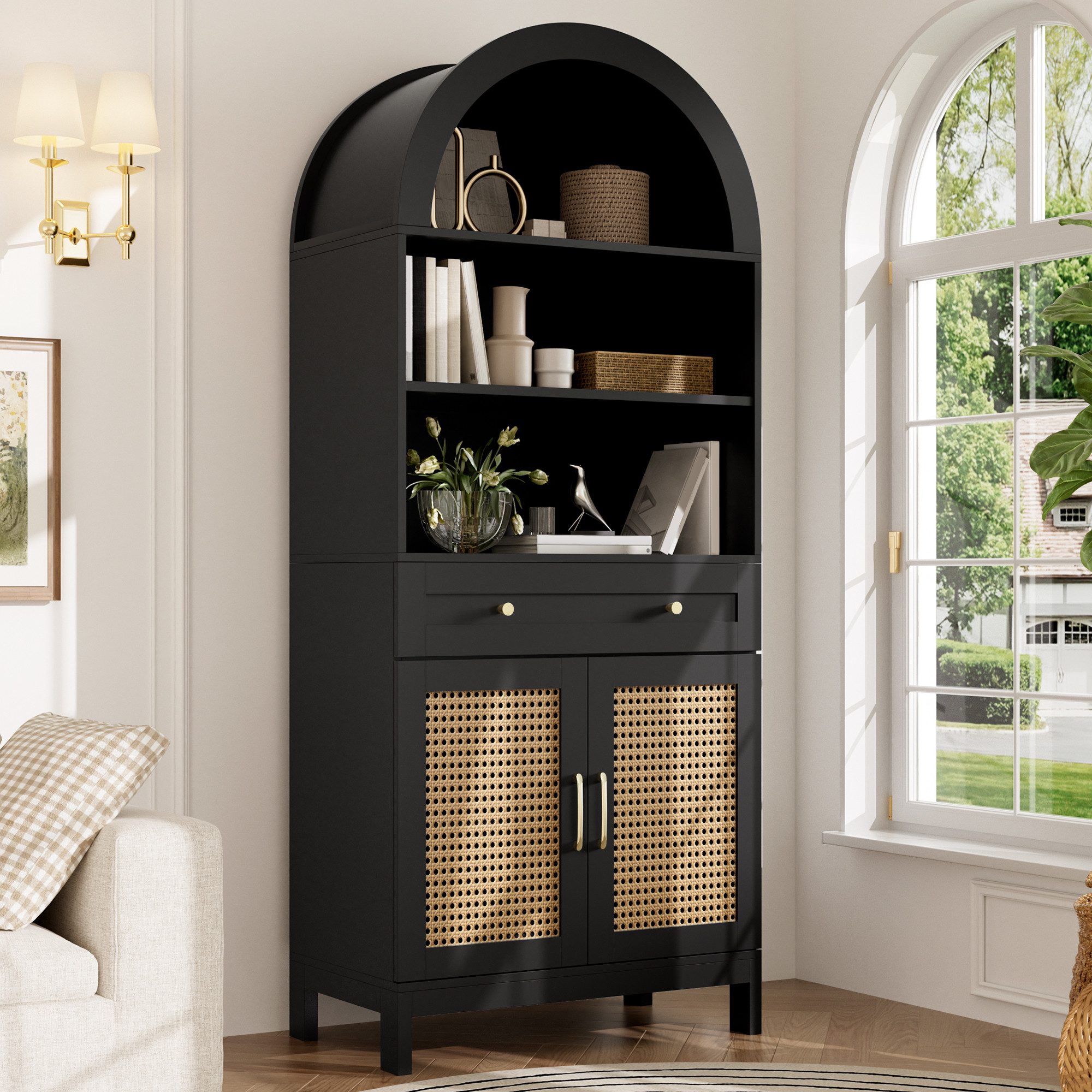 Flieks Hochschrank mit Rattan-Doppeltüren, 1 großer Schublade, 3 offener Fächern (gewölbter Aufbewahrungsschrank in Landhausstil, 1-St., B70/T40/H170 cm) multifunktional Mehrzweckschrank Vitrine mit veratellbarer Ablagen
