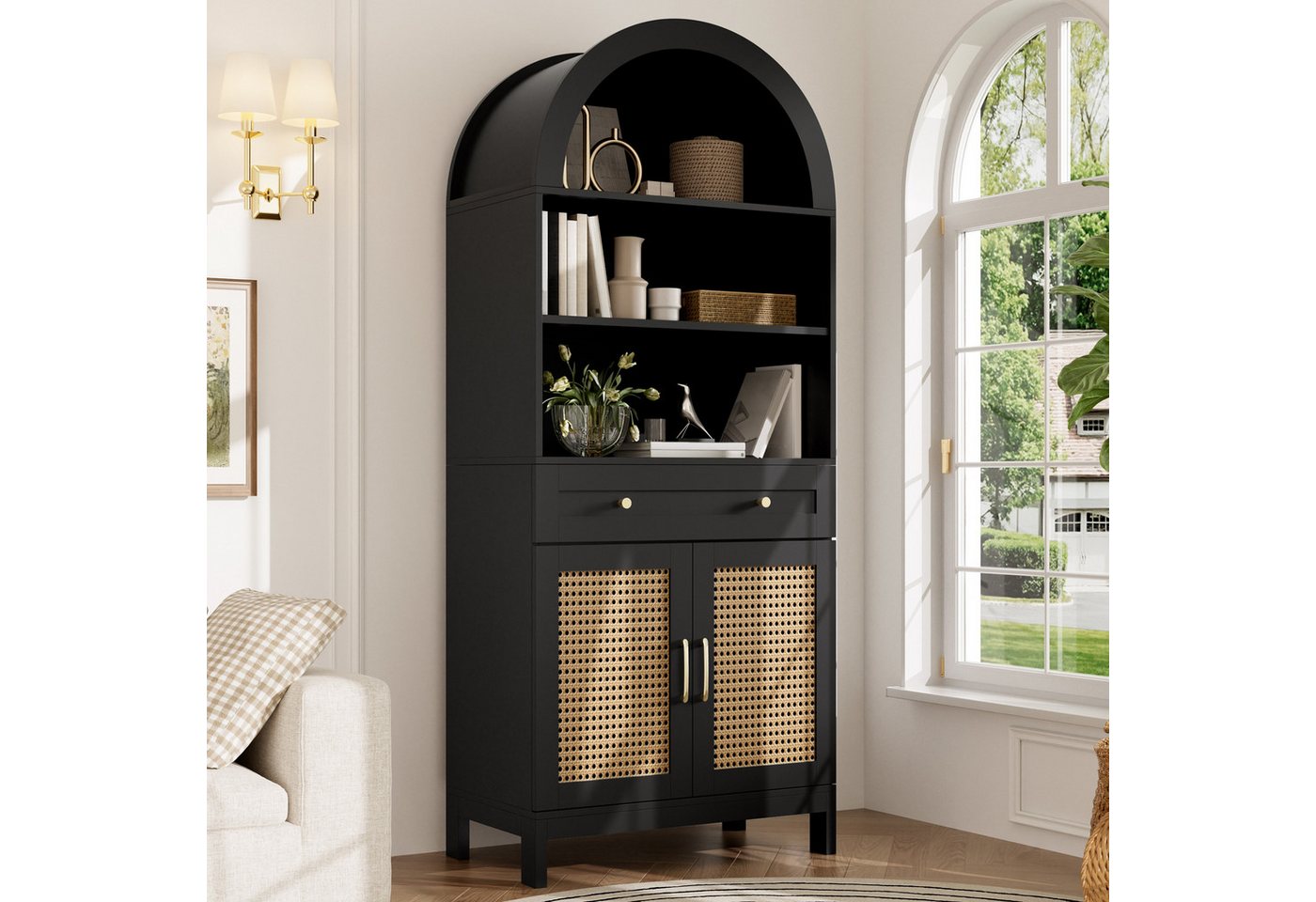 Flieks Hochschrank Bogenform mit Rattan-Doppeltüren, großer Schublade, 3 offener Fächern (gewölbter Aufbewahrungsschrank in Landhausstil, 1-St., B70/T40/H170 cm) multifunktional Mehrzweckschrank Vitrine mit veratellbarer Ablagen