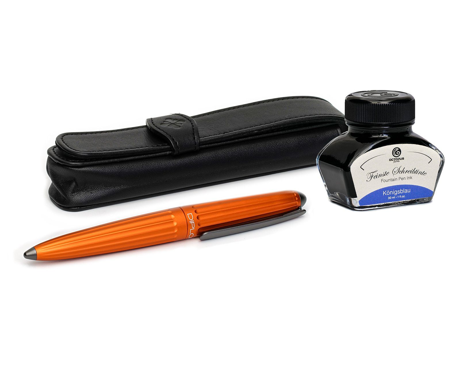 DIPLOMAT Füllhalter Füllhalter Set Diplomat Aero orange mit Lederetui und Tinte, Stärke M, (Komplett-Set mit Tintenkonverter, Schreibtinte Königsblau von Octopus Fluids und Lederetui), MADE IN GERMANY