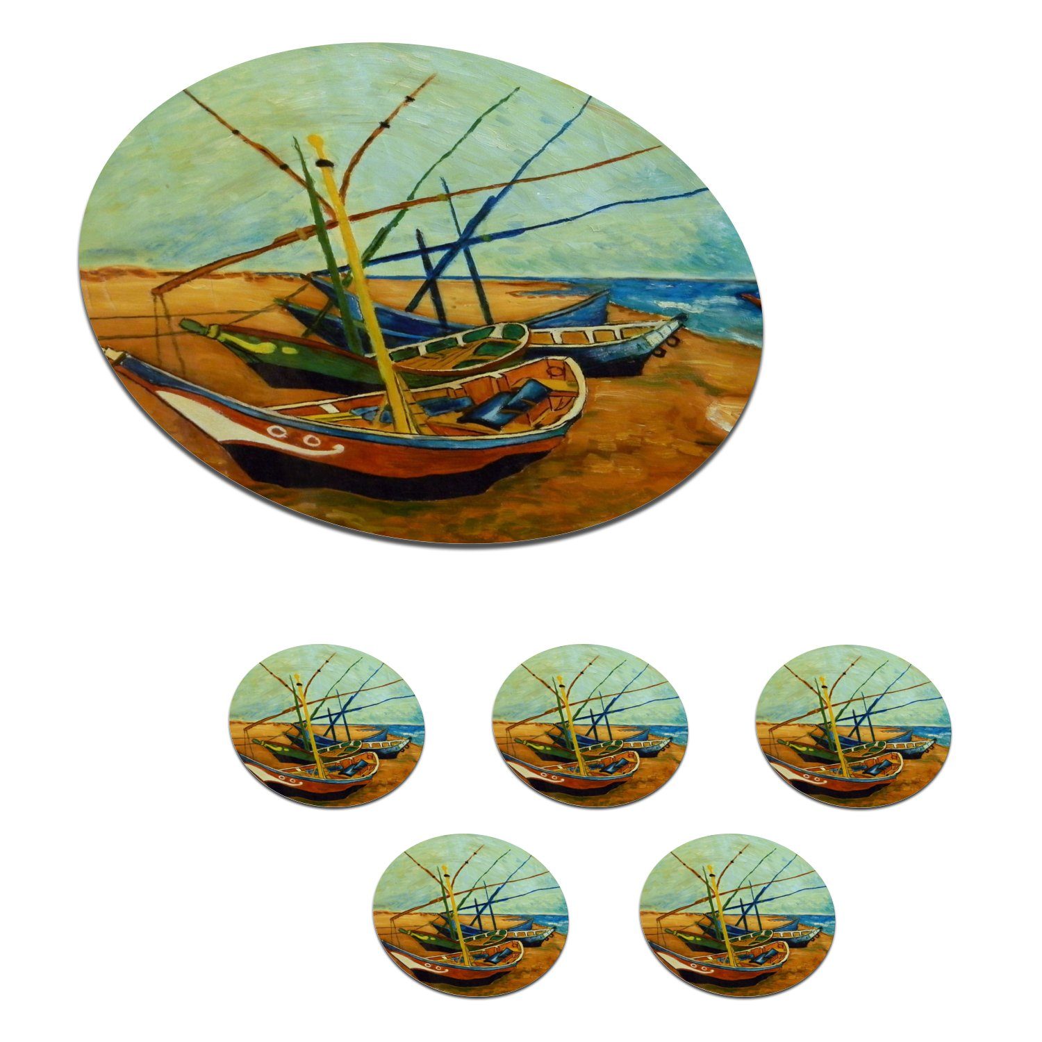 MuchoWow Glasuntersetzer Fischerboote am Strand - Vincent van Gogh, Zubehör für Gläser, 6-tlg., Getränkeuntersetzer, Tassenuntersetzer, Korkuntersetzer, Tasse, Becher