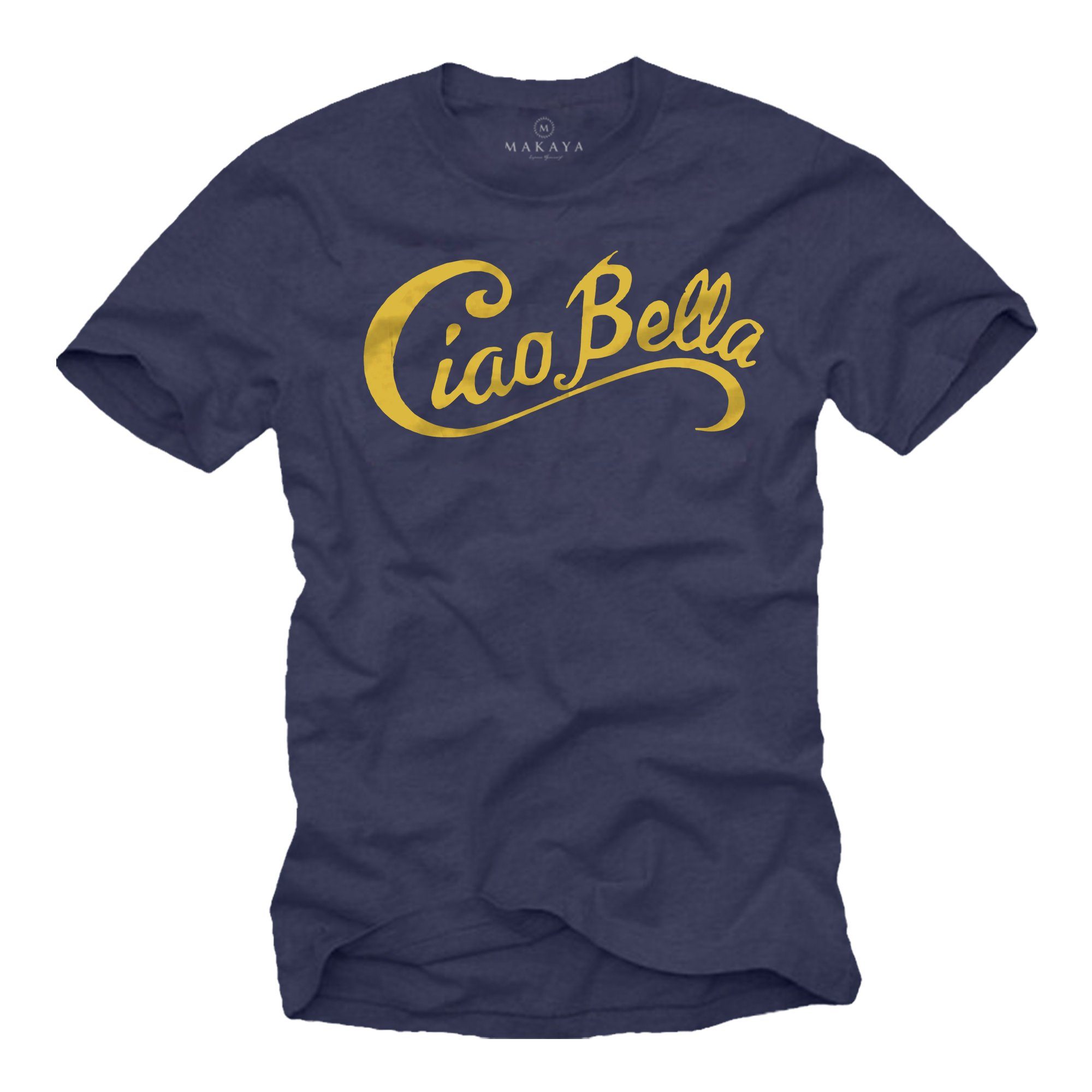 MAKAYA Print-Shirt Herren Italienischer Spruch Ciao Bella Coole Mode Italien Style Logo, Motiv Blau