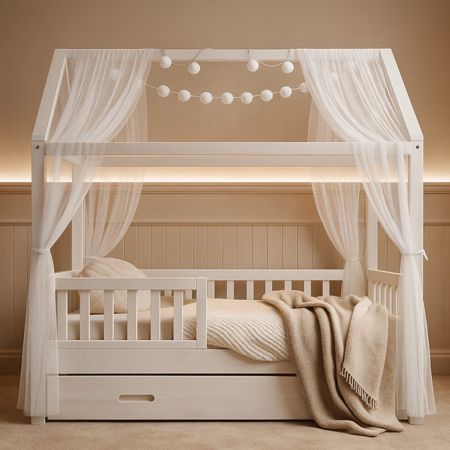 Alavya Home® Betthimmel Pompom DEKO SET 150x340 cm für Kinderbett und Hausbett (80x160 - 90x200), Himmelbett Kinderbett Mädchenbett Dekoset 4 teilig für Kinderzimmer