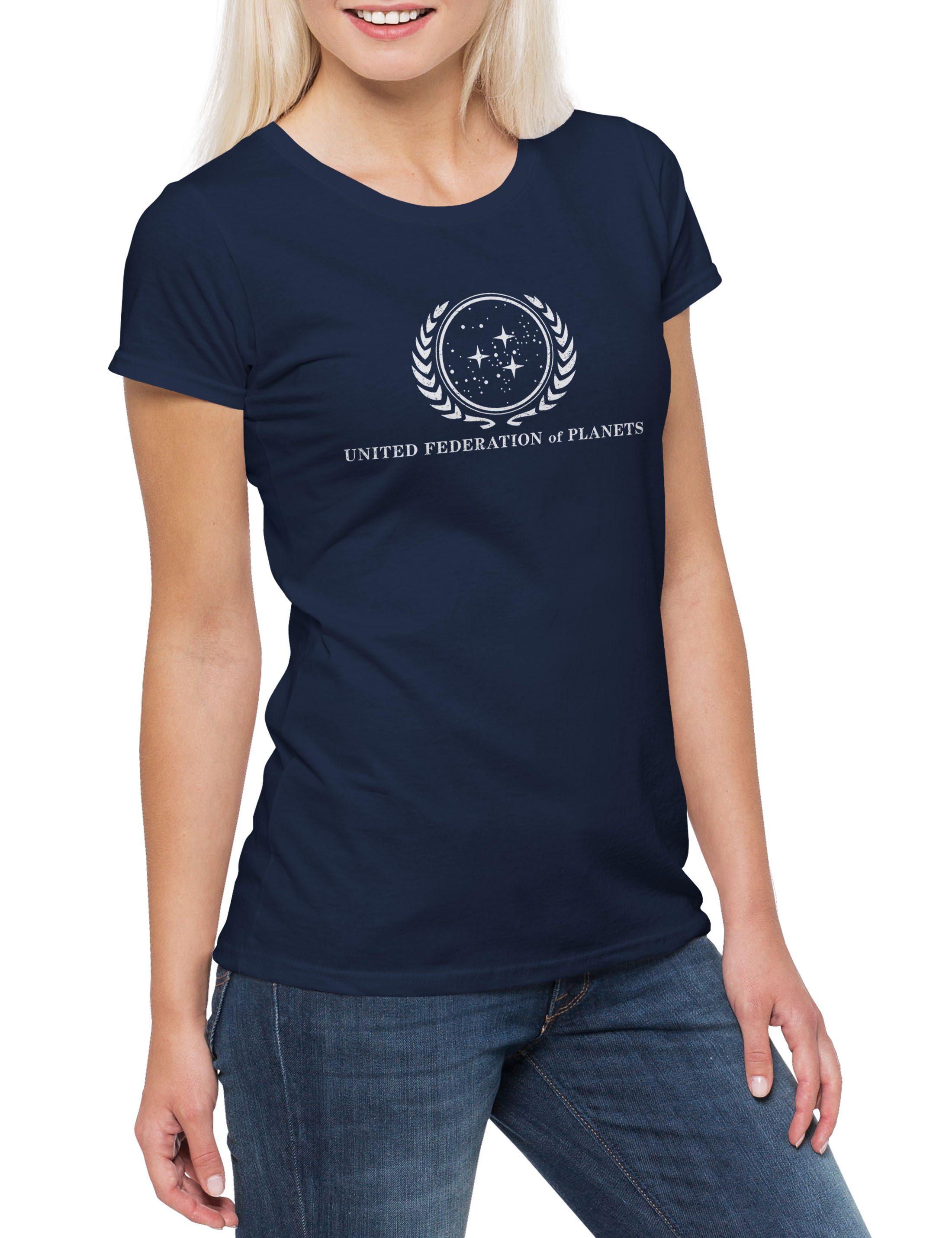 Print-Shirt United Federation Damen T-Shirt Star Raumschiff Science Fiction U.S.S.