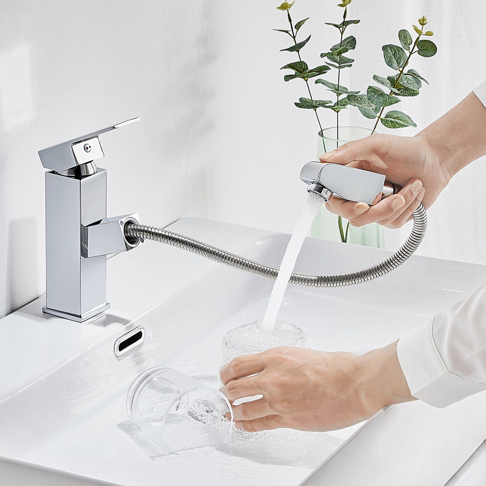 Auralum Waschtischarmatur Waschbecken Wasserhahn mit Ausziehbar Brause Mischbatterie Badarmatur Silber