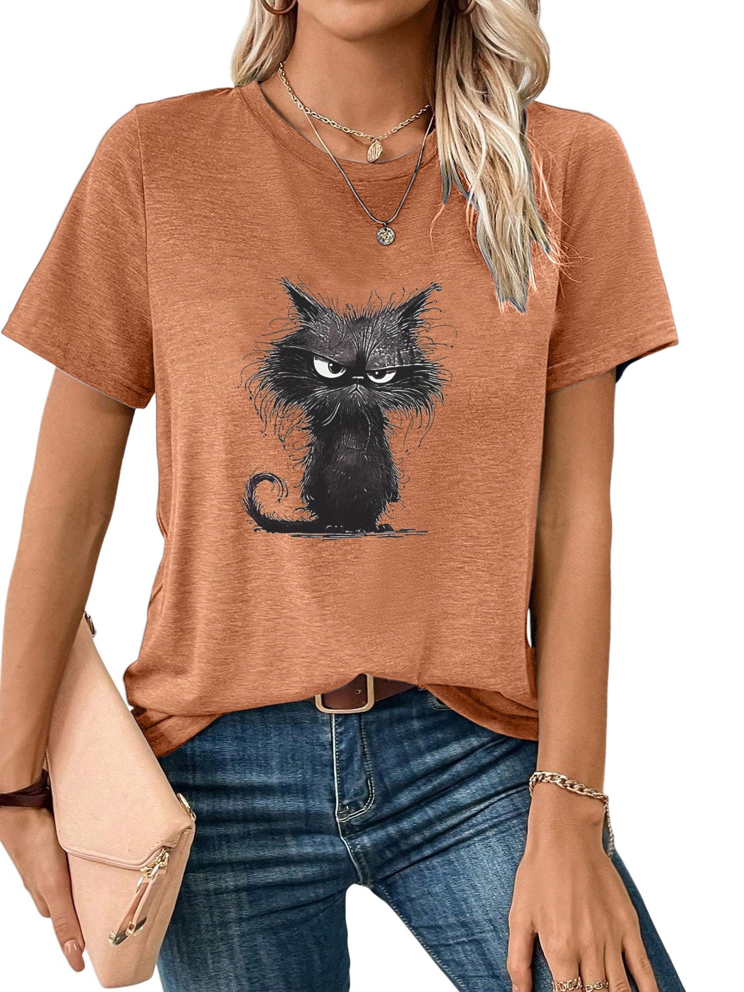 PYLIKE Rundhalsshirt Damen bequemes Sommer Kurzarmbluse Slim Fit Katze Print-Shirt Bequem für Freizeit und Büro